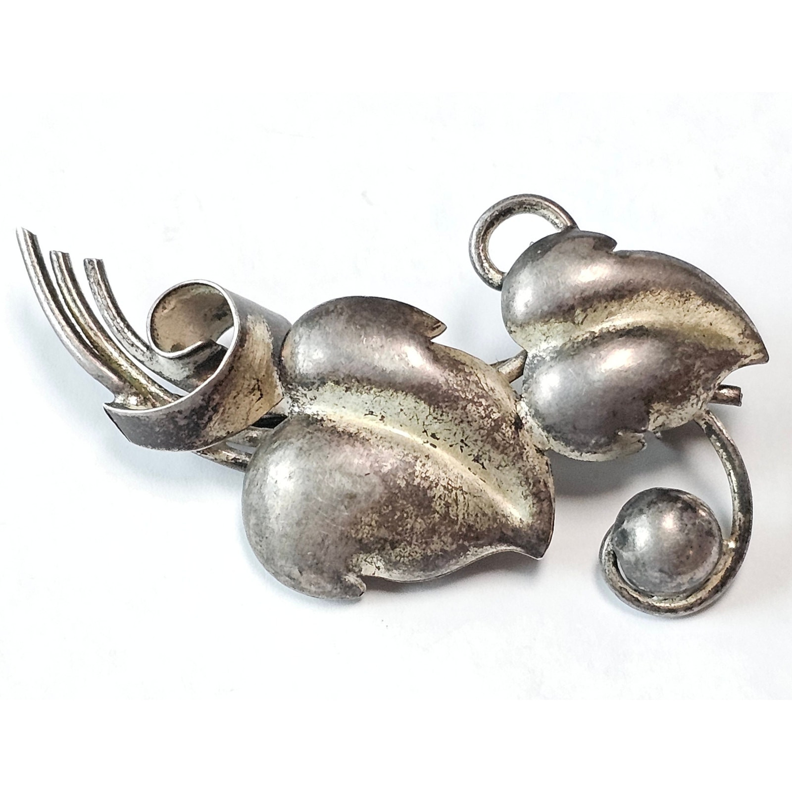 Vintage Sterling Silver Leaf Brooch, Art Deco Style, 2 3/8″