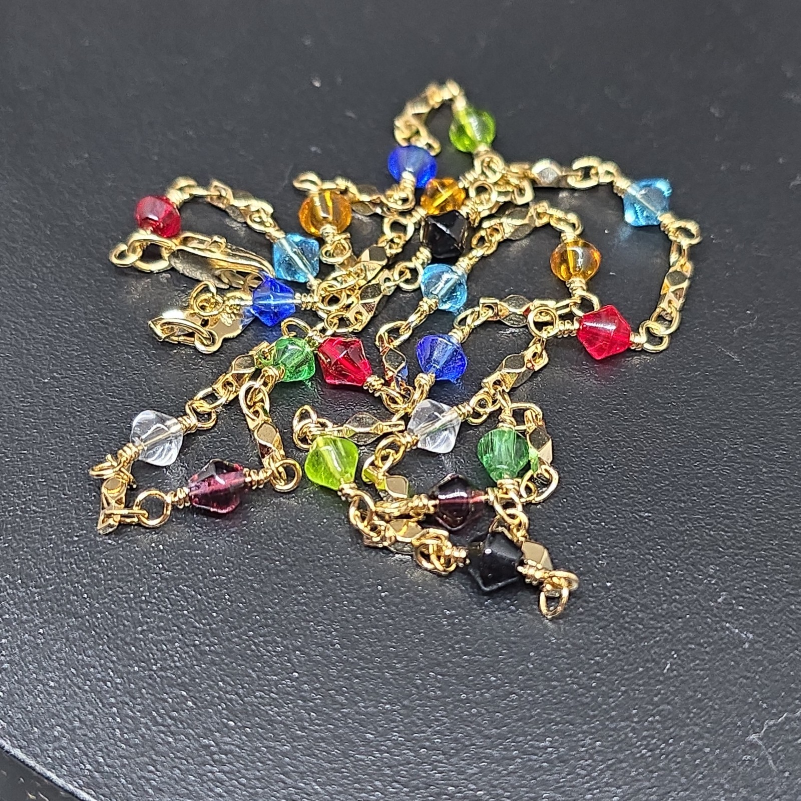 24k Gold Bond (Filled) Multi Color Crystal Glass Faceted Bead Necklace 19″