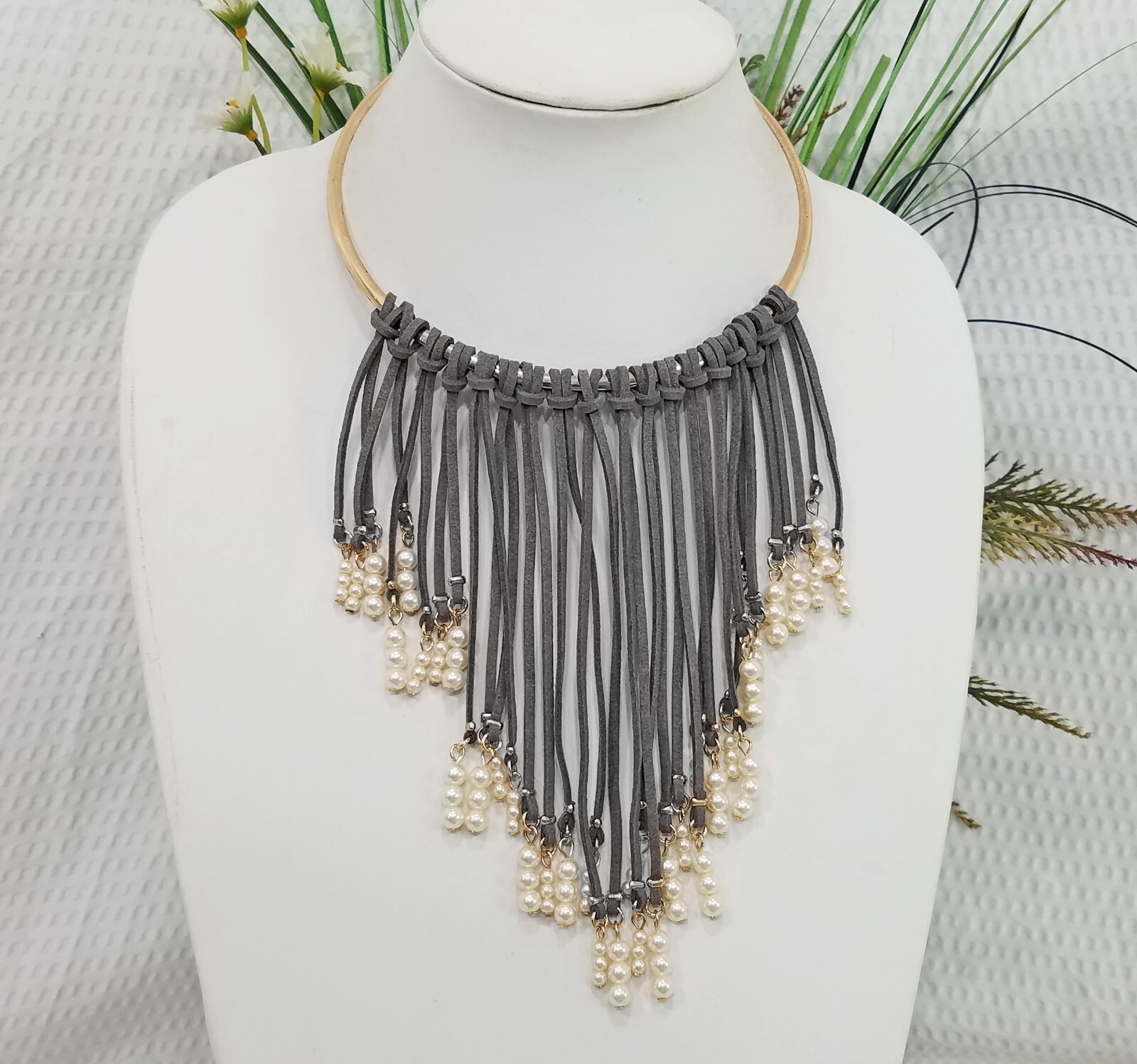 Vintage Signed INC Boho Taupe Suede & Pearl Bead Fringe Bib Gold Tone Neck Ring