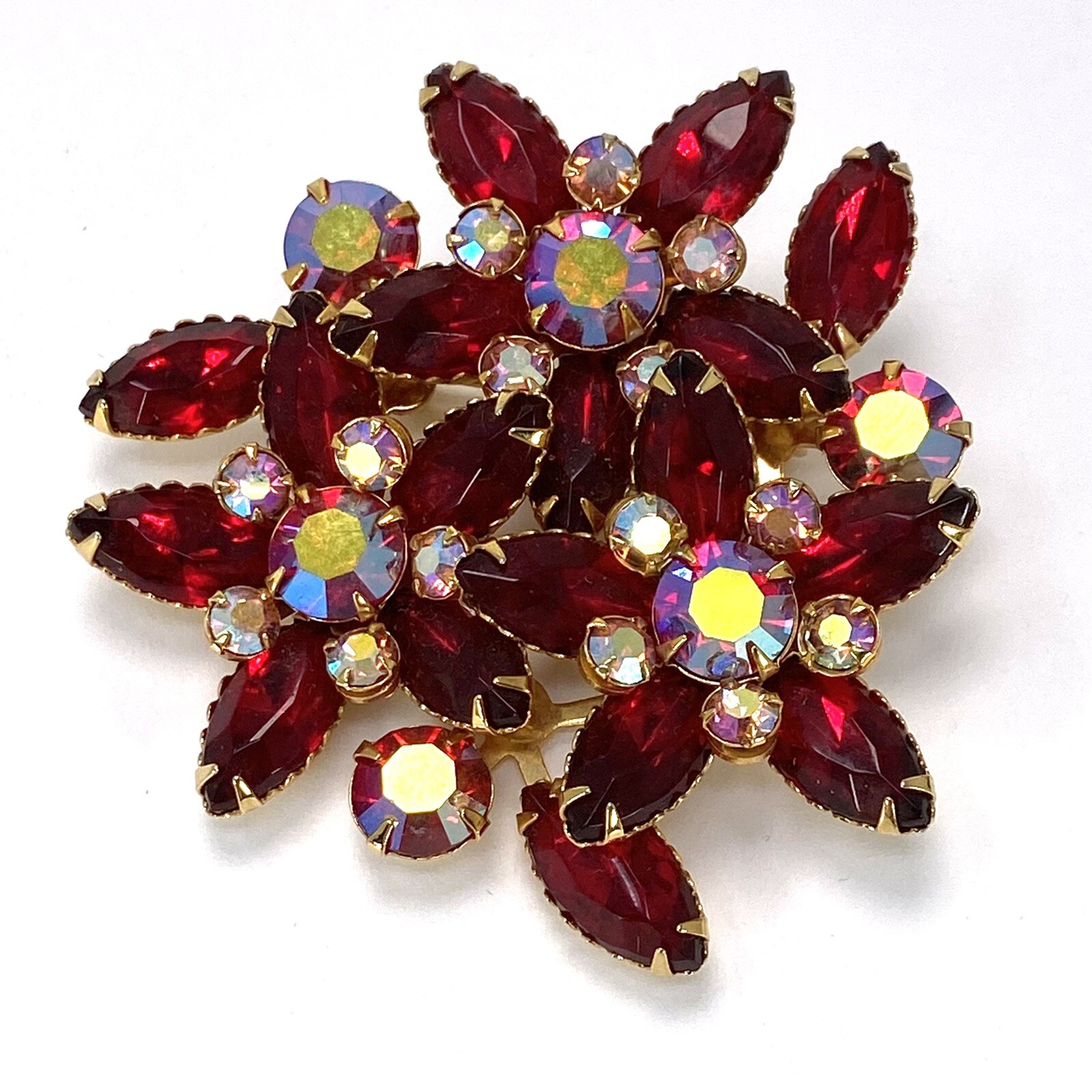 Vintage Red AB Crystals Prong Set Brooch Pin