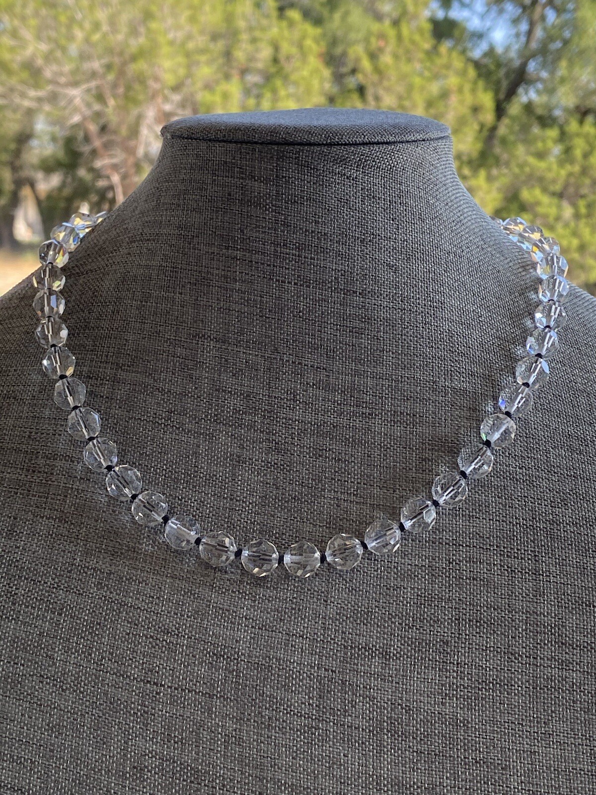 Necklace Faceted Crystal Glass Beads Clear Black Thread Knotted Artisan 21”
