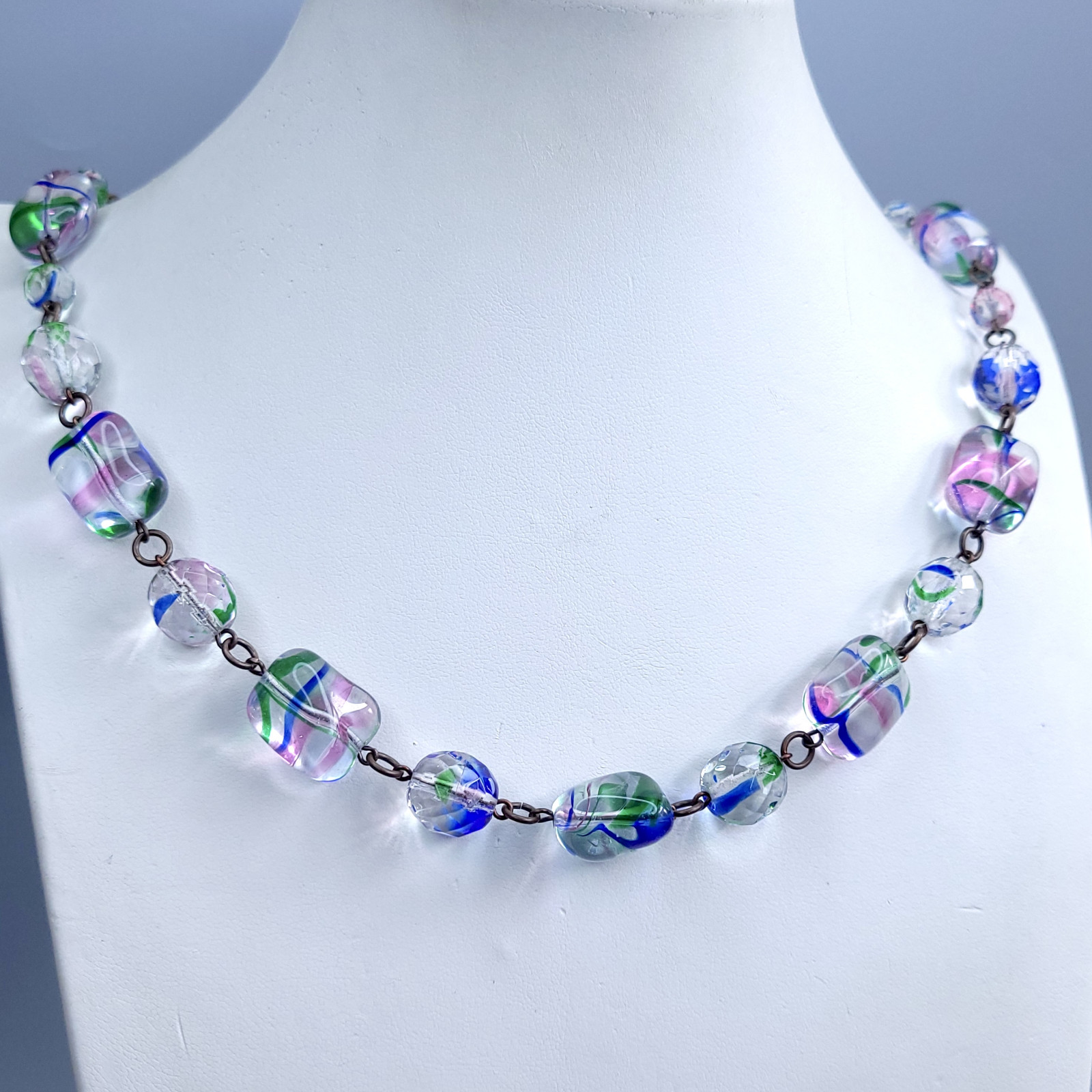 Iris Glass Necklace 22” Multicolor Czech Vintage Beads Art Glass