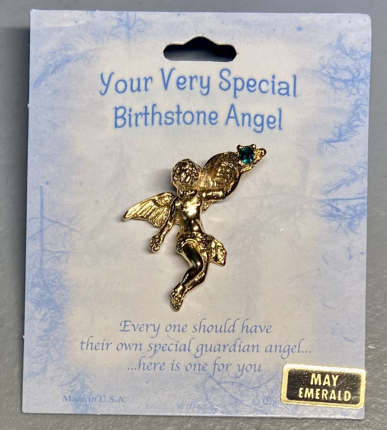 May Birthstone Gold-tone Angel Pin Rhinestone Emerald Green Birthday Brooch New