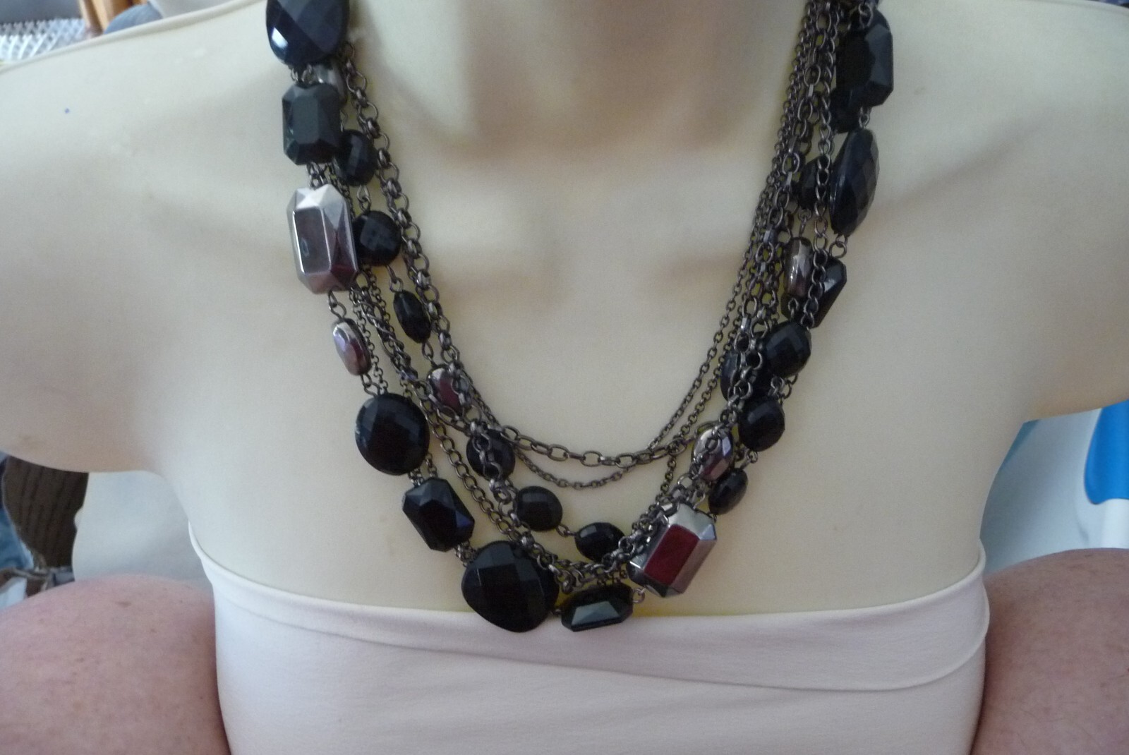 MULTI SILVER TONE CHAINS w Lrg BLACK & GUNMETAL GRAY STONES NECKLACE #811A