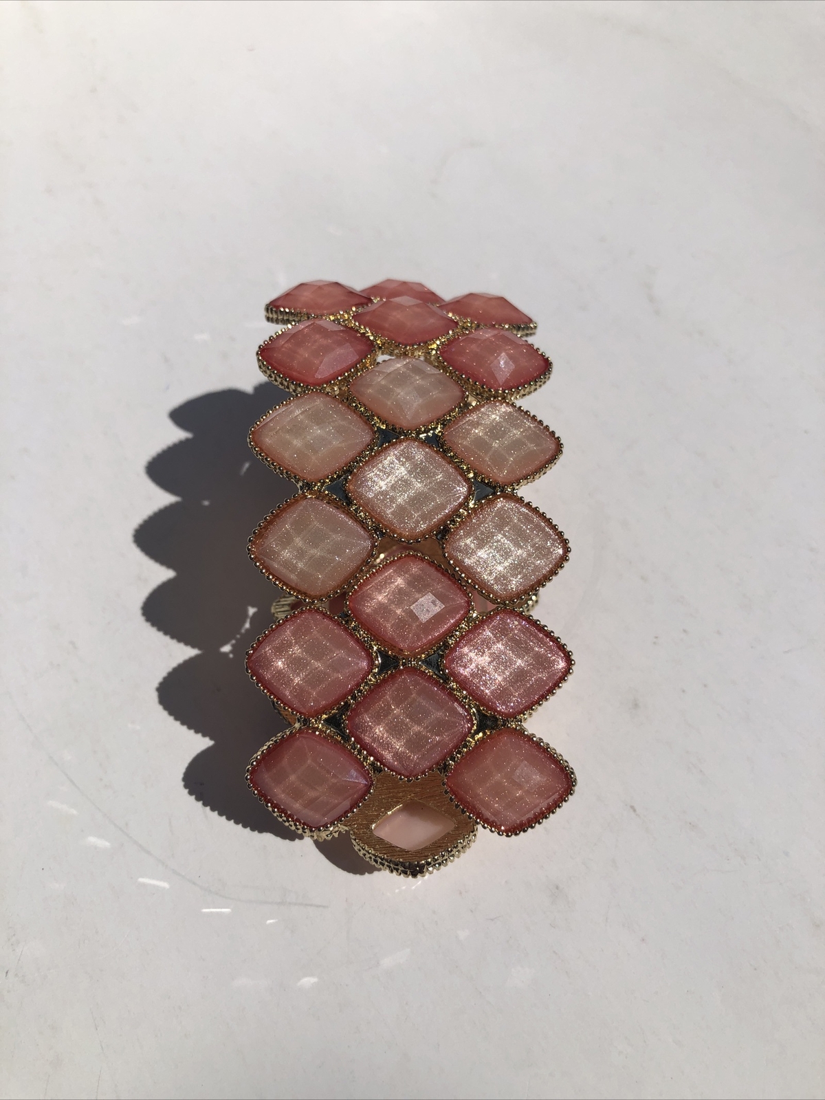 Pink Stone Stretch Cuff Bracelet Gold Tone Statement Piece Costume Jewelry