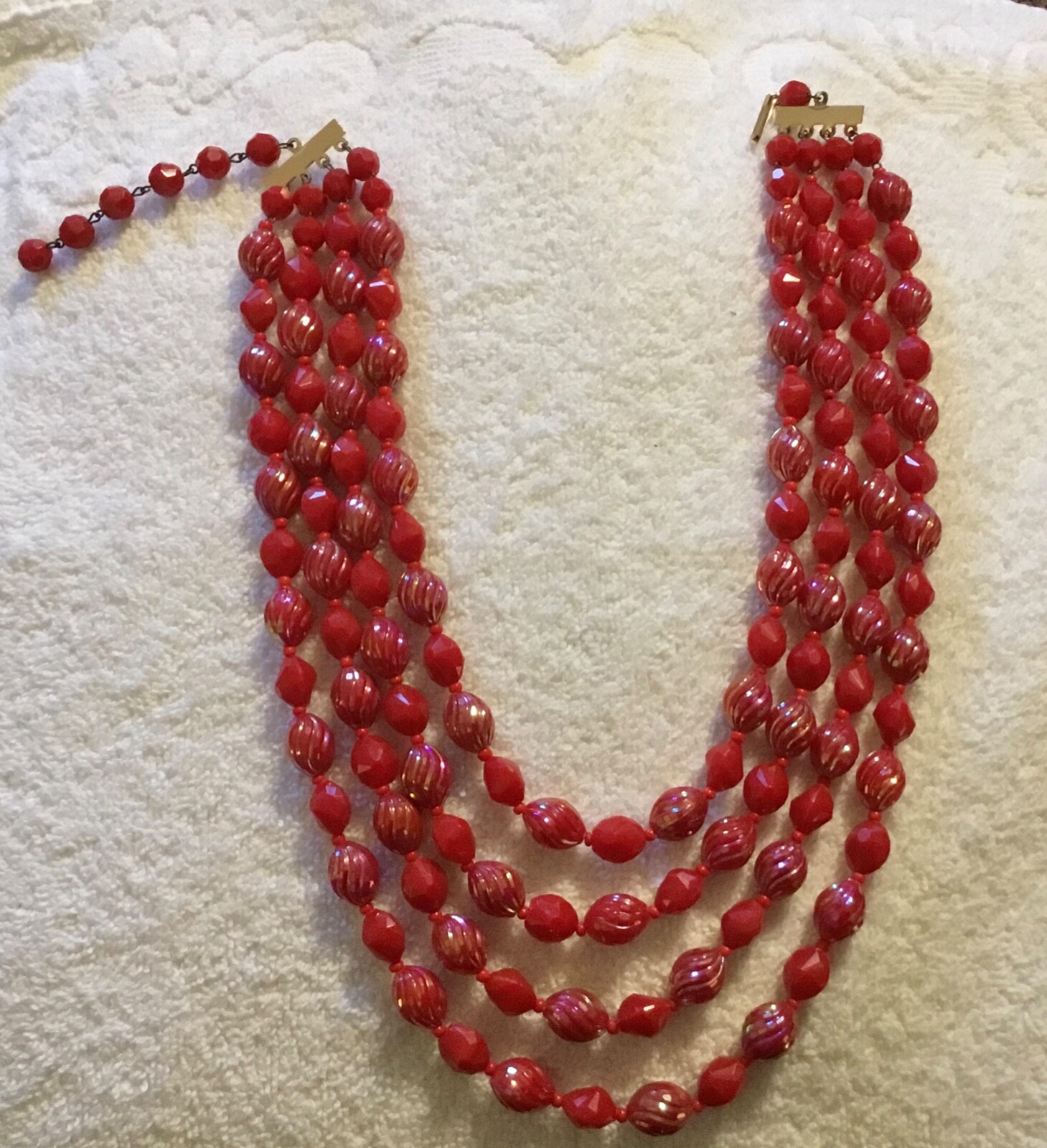 Vintage Western Germany Red/Red Iridescent 4 Stranded Beaded Necklace