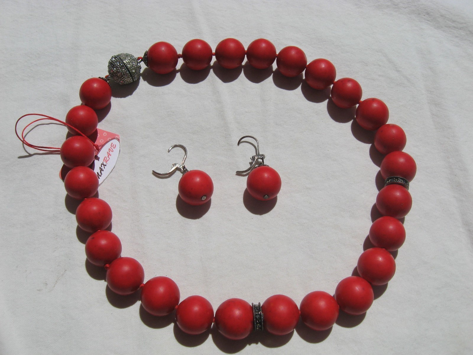 JUDITH JACK NEW NATURAL SARDINIAN 5/8″CORAL/STERLING/MARCASITE NECKLACE/EARRINGS
