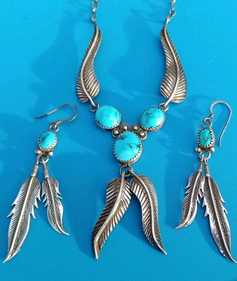 VINTAGE NAVAJO TURQUOISE STERLING SILVER FEATHER NECKLACE & EARRINGS 23.5 Gram