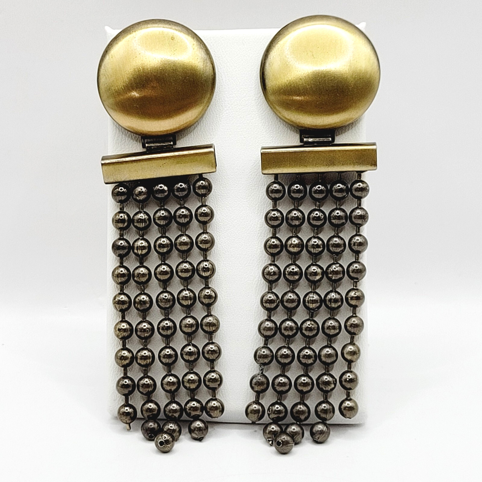 Ball & Chain Fringe Brutalist Runway Style Mixed Metal Tone Vtg Pierced Earrings