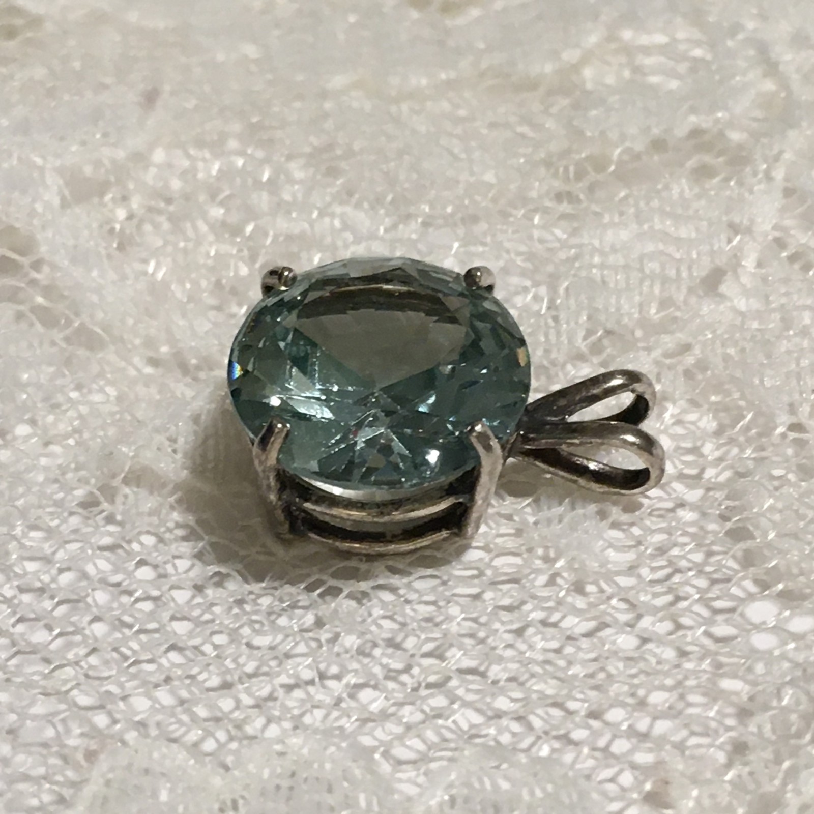 Vintage Sterling Silver Aqua Blue Teal Faceted Solitaire Pendant