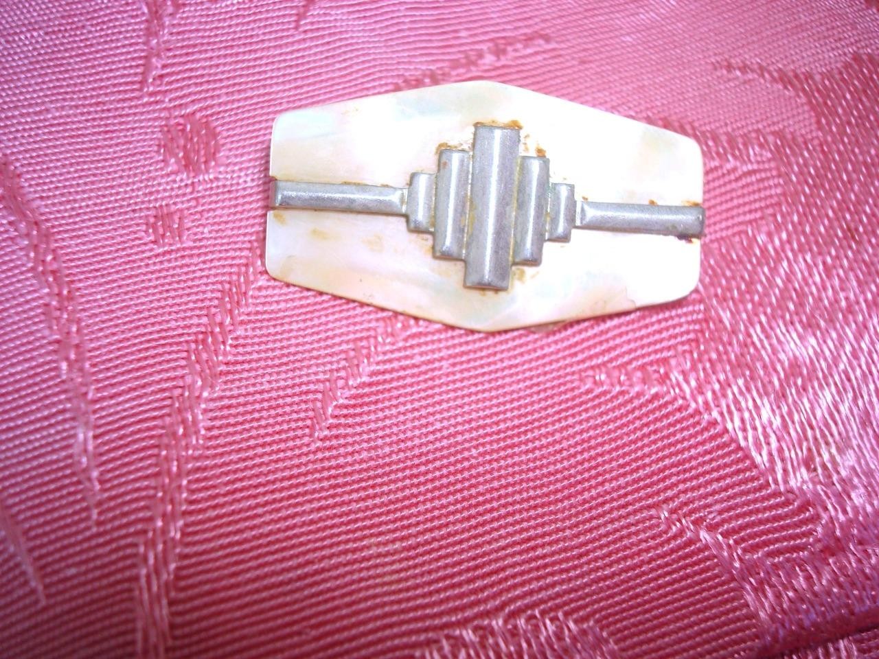 Vintage Art Deco Mother of Pearl Shell and Chrome Pin Brooch 3/4 x 1 1/4 In. KJ