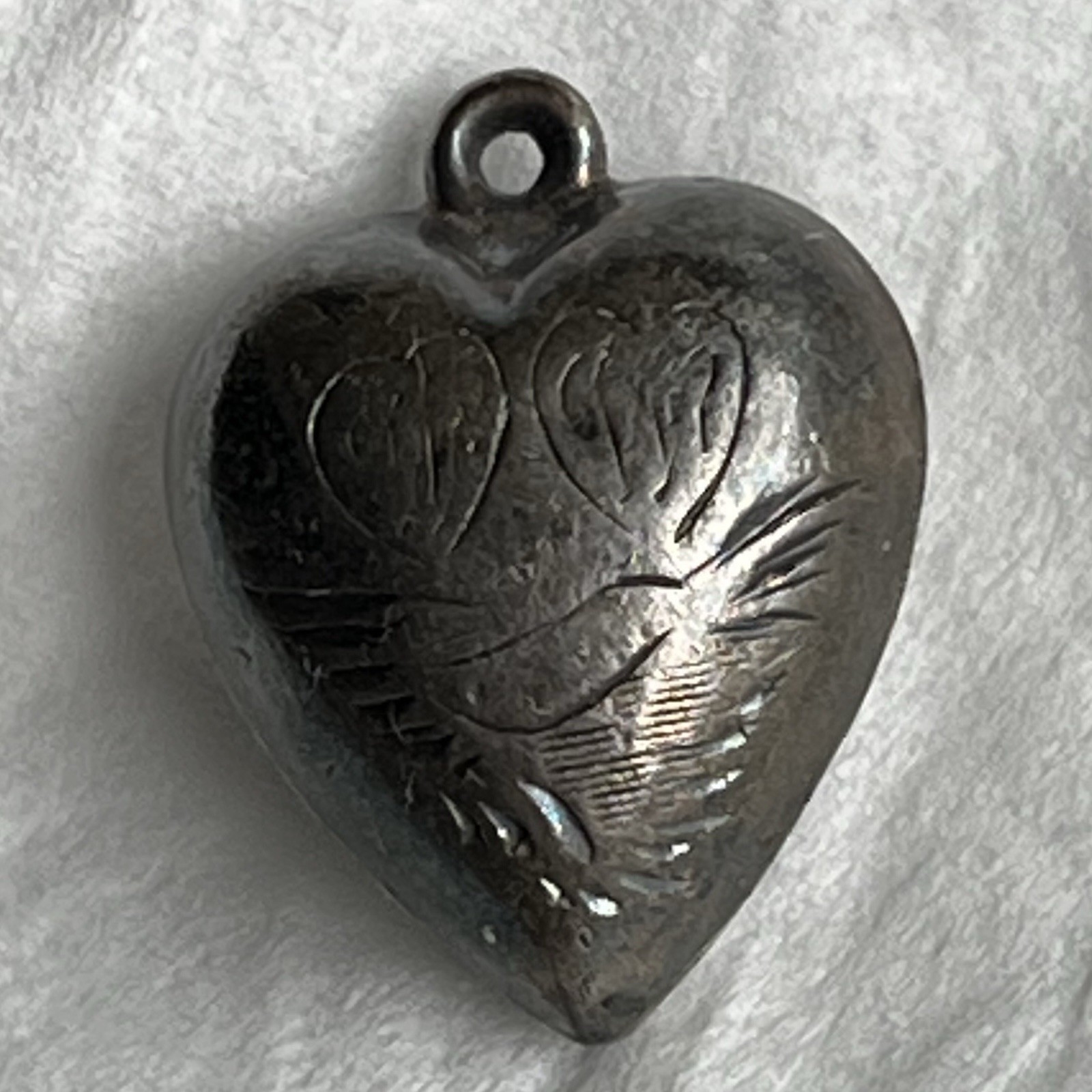 Vintage Heart-Shaped .925 Silver Puff Etched Pendant Charm Whimsical Love