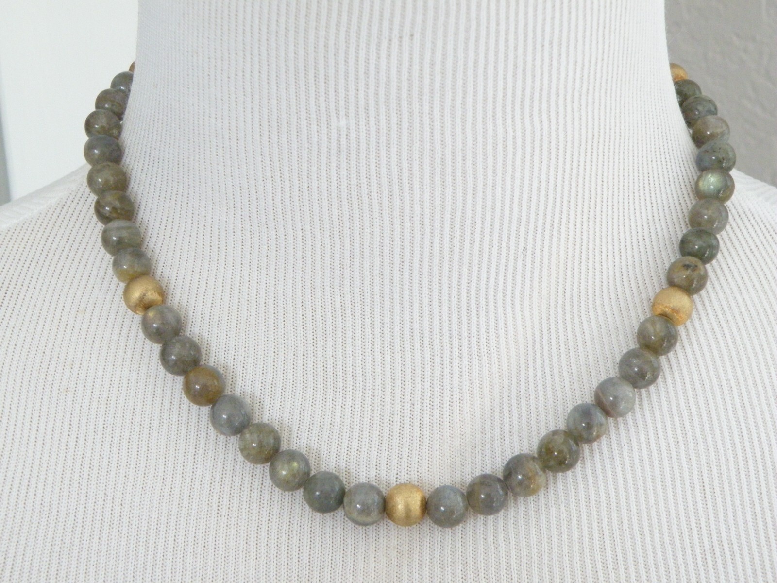 Vintage Sterling Silver 925 Gold on Natural Labradorite Bead Necklace 17.5″