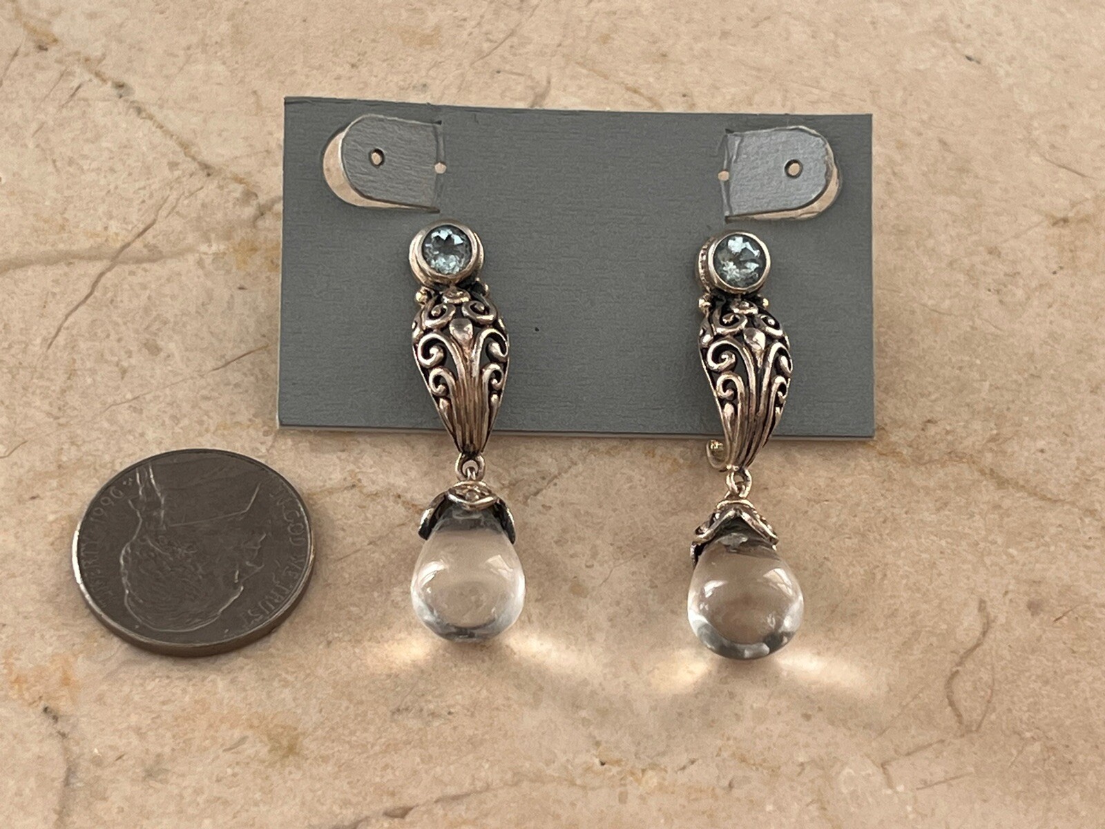Beautiful NF Sterling 925 Blue Topaz & Quartz Drop Dangle Ornate Earrings