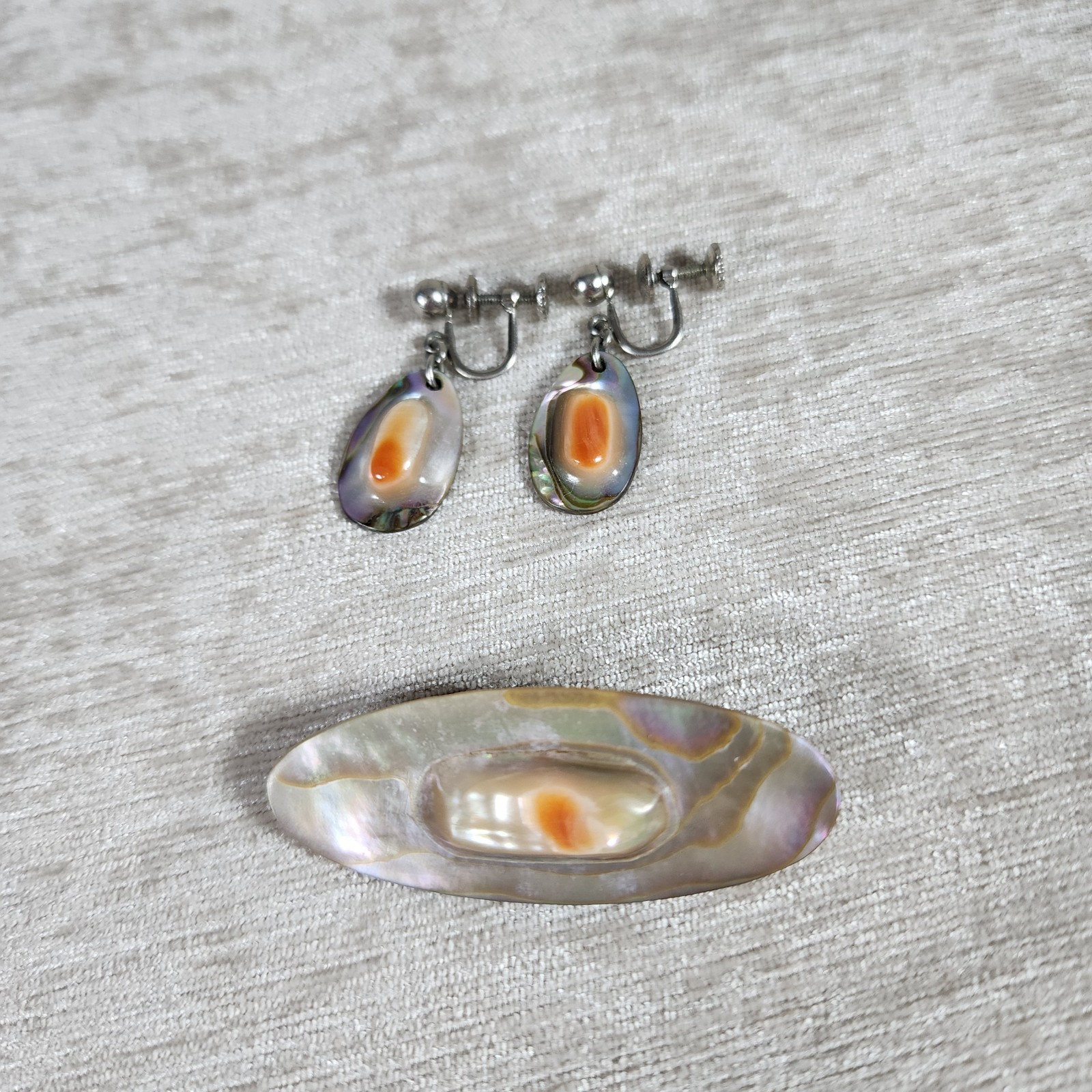 Vintage Abalone Shell Pin and Clip Earrings Set Nature Boho Earthy