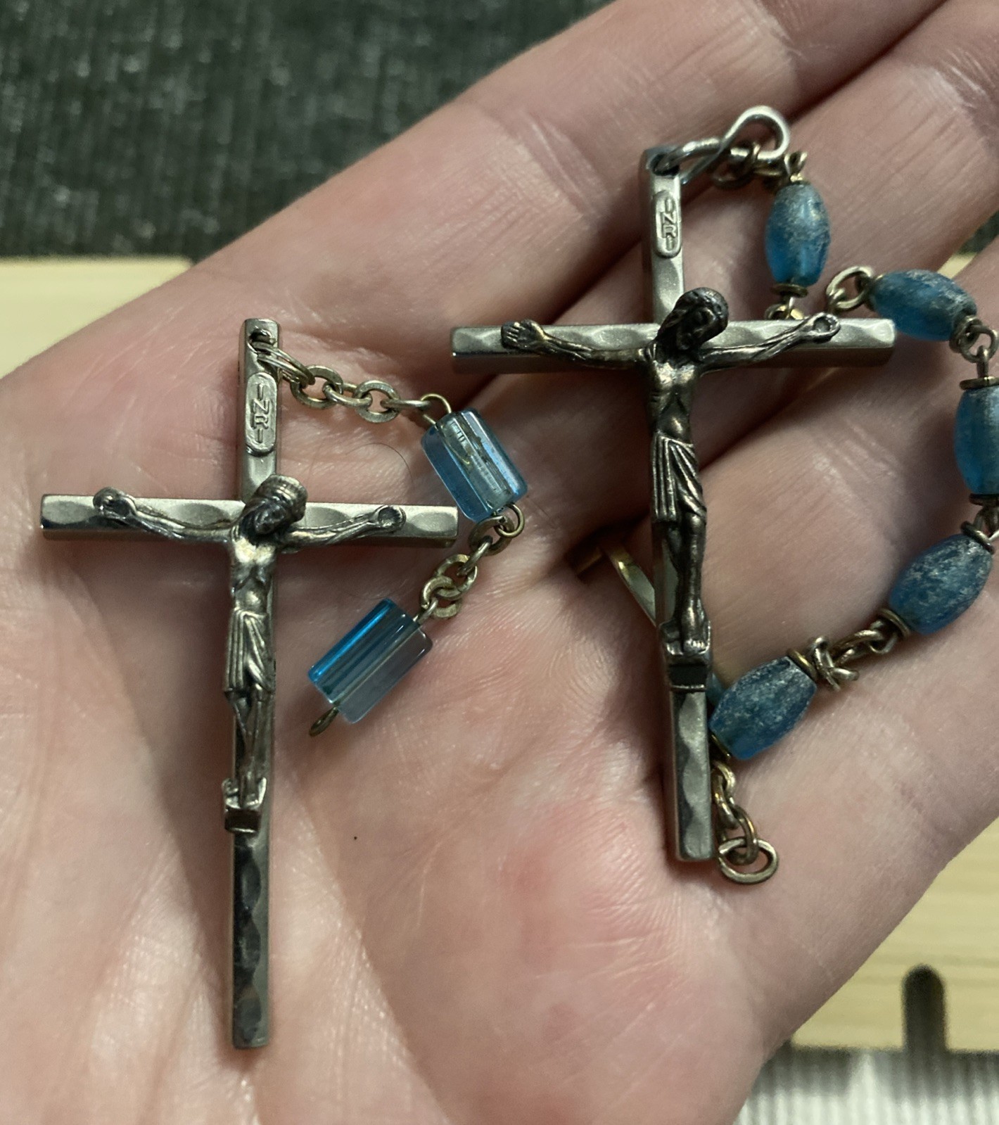 Vintage Italian Crucifix Rosary Pendants, INRI, Blue Glass Beads, Marked Italy