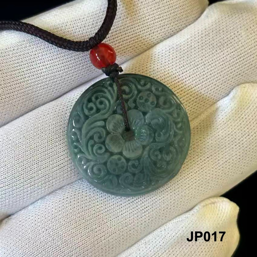 Natural Green Jade Jadeite Embossed Floral Pendant Round, Adjustable Cord