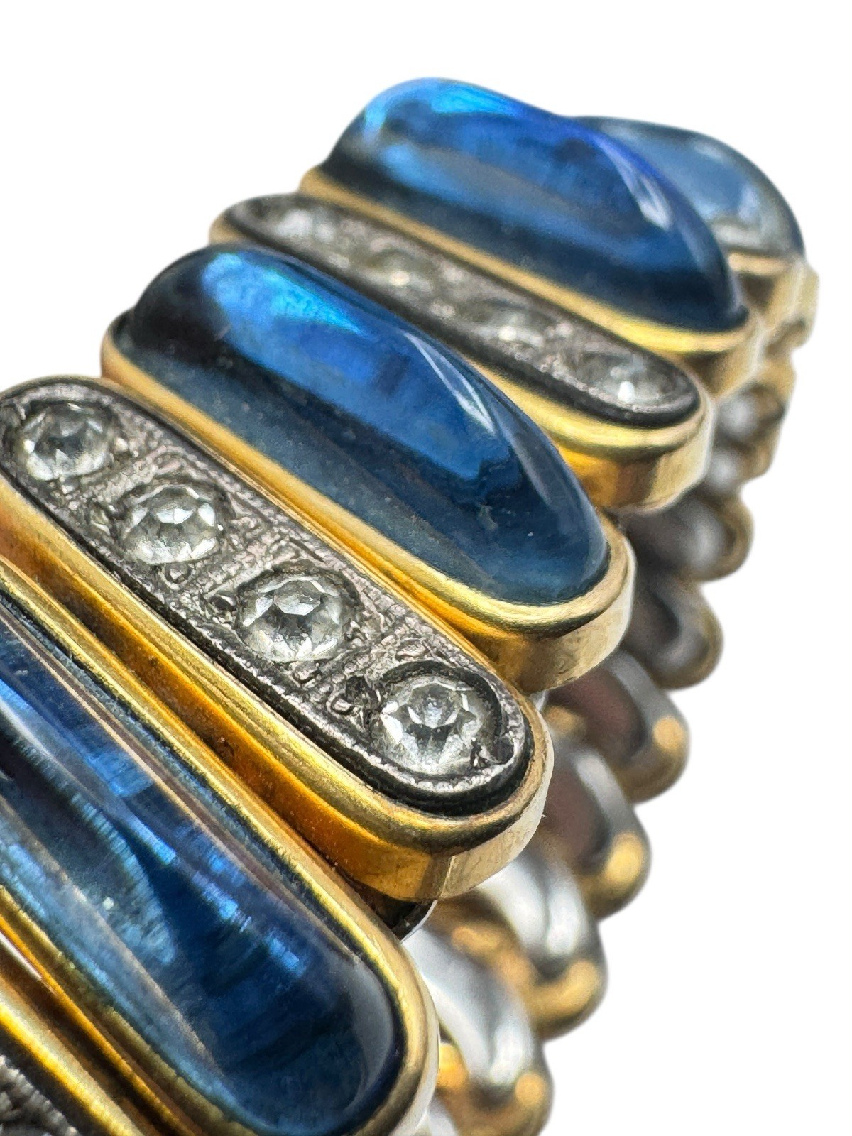 Vintage Blue Glass Cabochon Expansion Bracelet Rhinestones Nice DFB Co