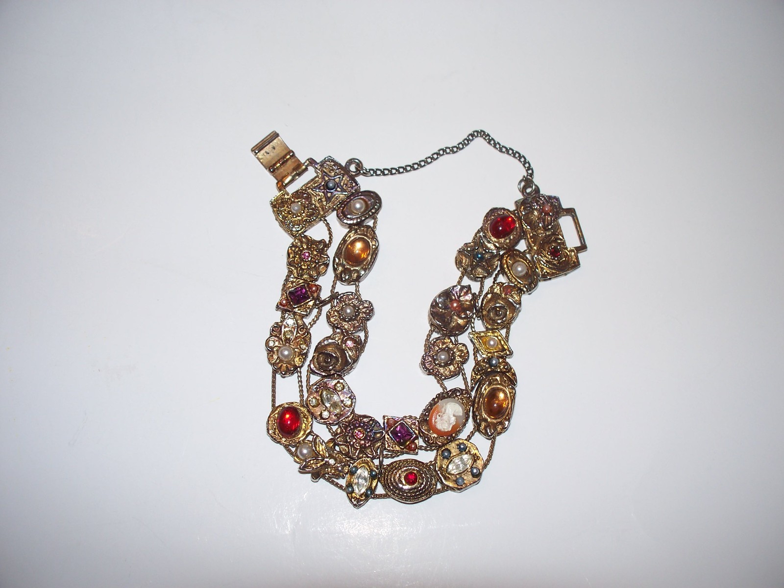 Vintage Faux Jewel Slide Double Row Charm Bracelet Cameo Amethyst Rhinestones
