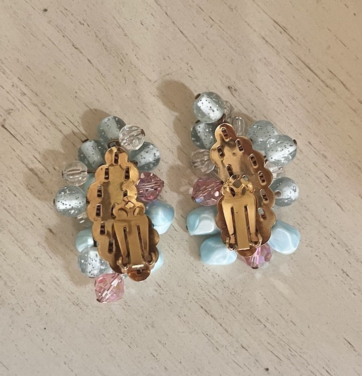 Vintage Aqua Light Blue Pink Beaded Cluster Crystal Clip On Statement Earrings
