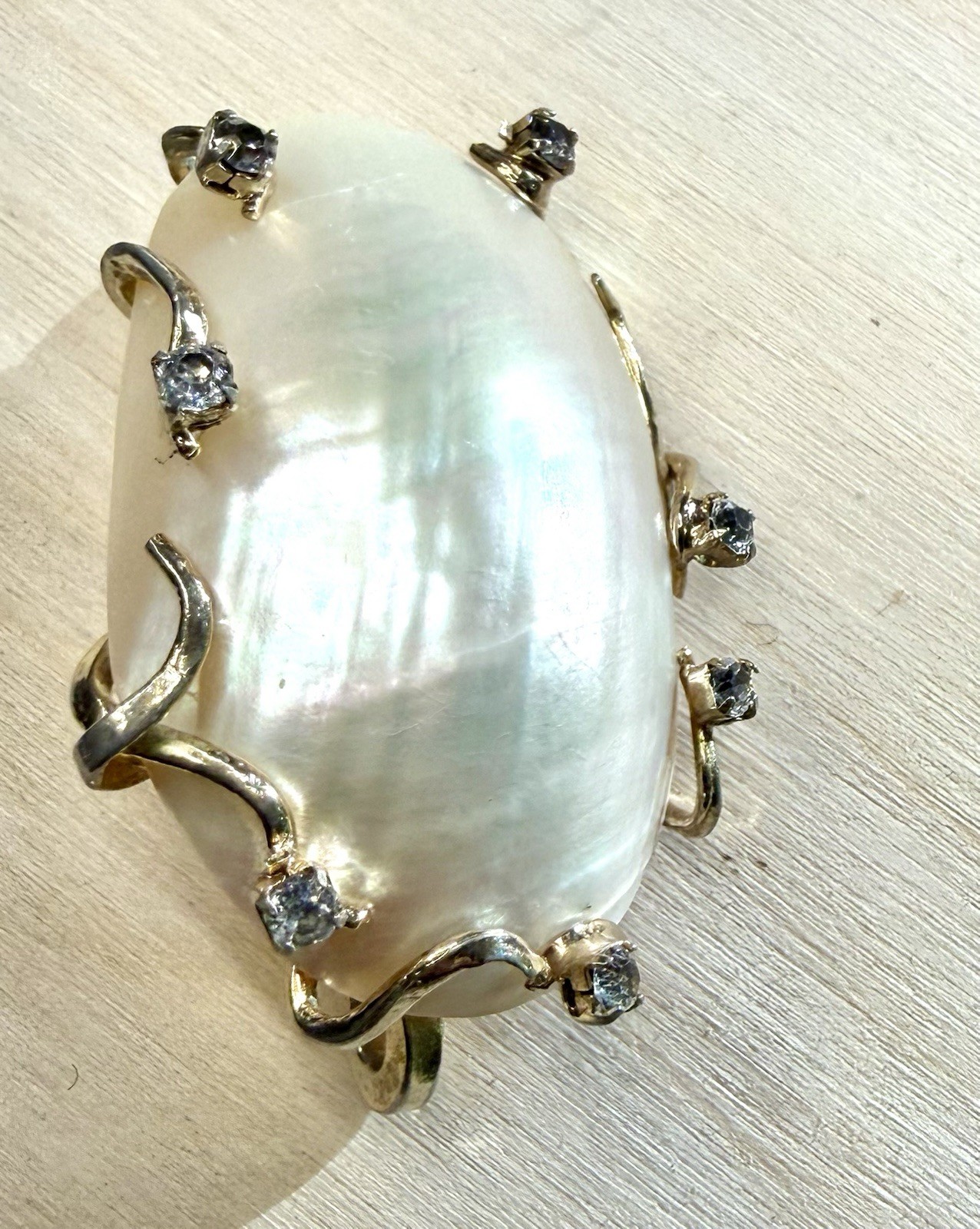 Signed Hattie Carnegie Vintage Fur Clip Faux MOP Shell Rhinestone Gift