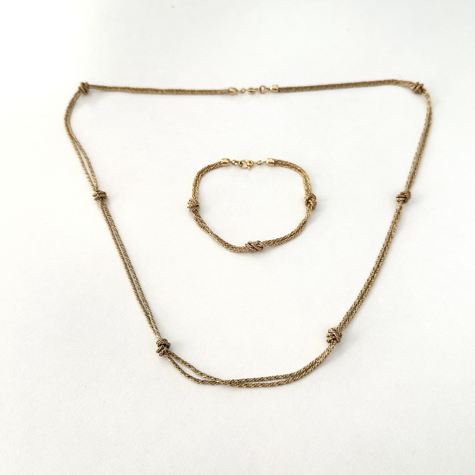 Vintage Gold Tone Rope Twist Knot Double Strand Necklace Bracelet Matching Set