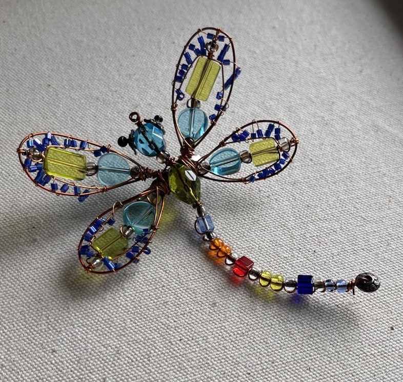 Vintage Handmade Copper Wire Multicolor Glass Beaded Dragonfly Large 4” Brooch