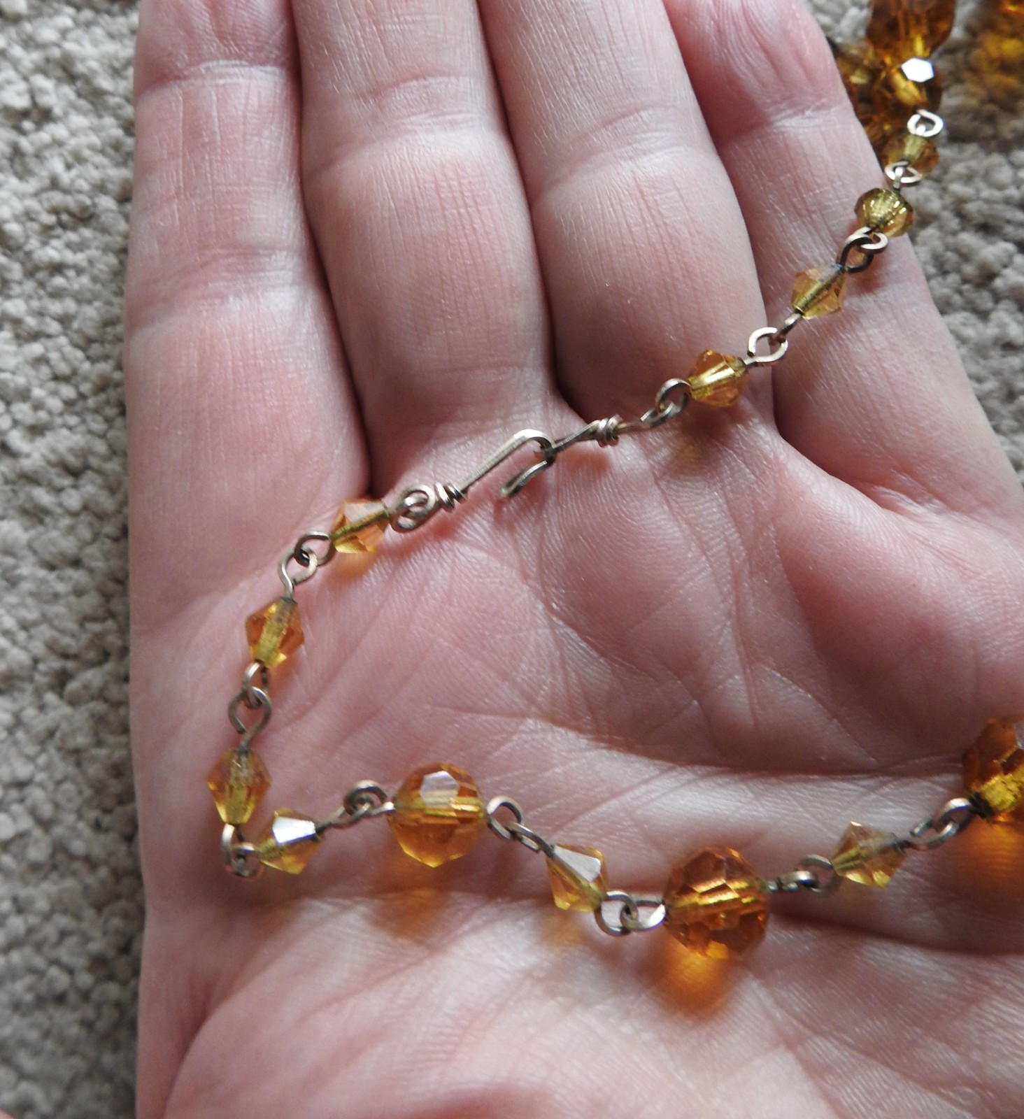 Vnt Czech Gold Tone Faux Faceted Honey Amber Glass & Crystal Bead Necklace 16″