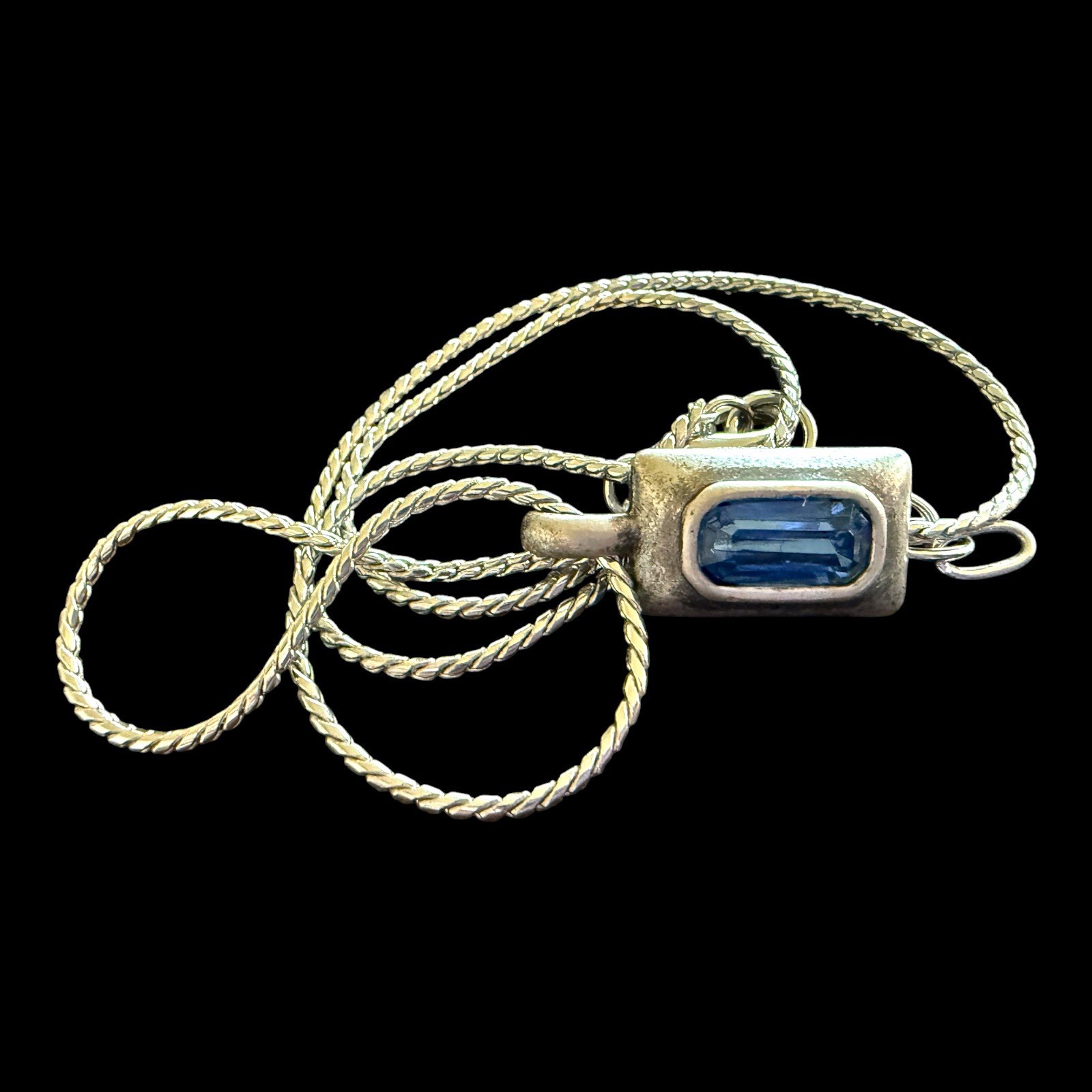 Vintage Silver Necklace Royal Blue Baguette Crystal Pendant, Silver toned Chain