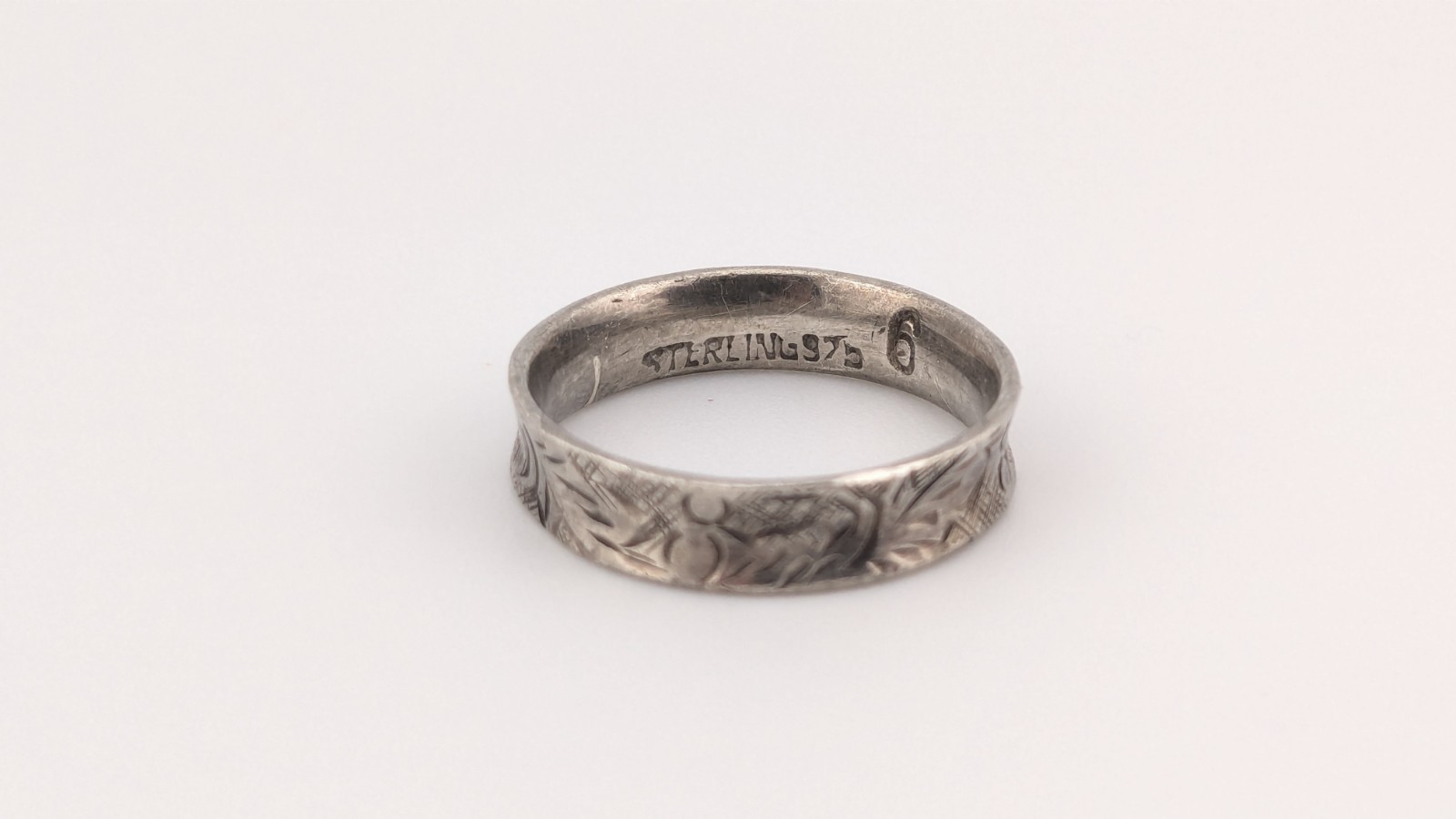Vintage Sterling Silver Ring Etched Unique Nature Leaf Flanged Edges Size 6.75