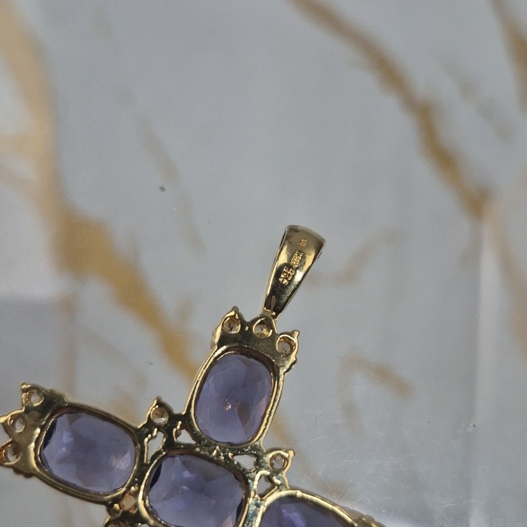 Vintage Sterling Silver 925 Gold Plated Cross Pendant Faceted Purple Stones Jtv