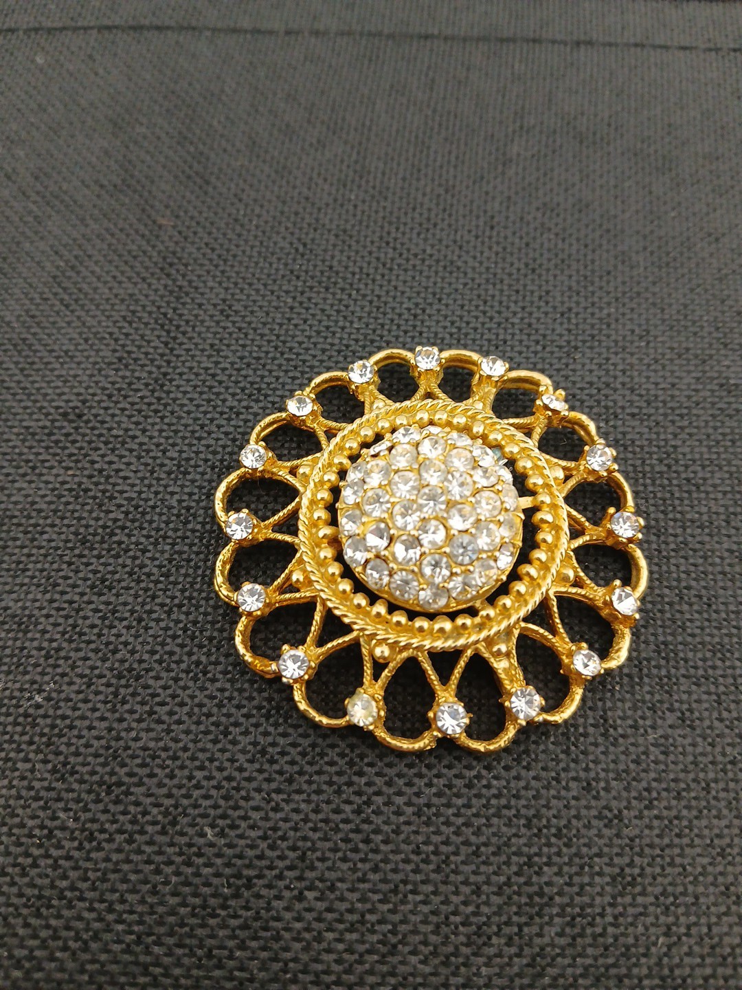 HUGE 1980 gold-tone pave clear crystals open metal work round clip-on earrings