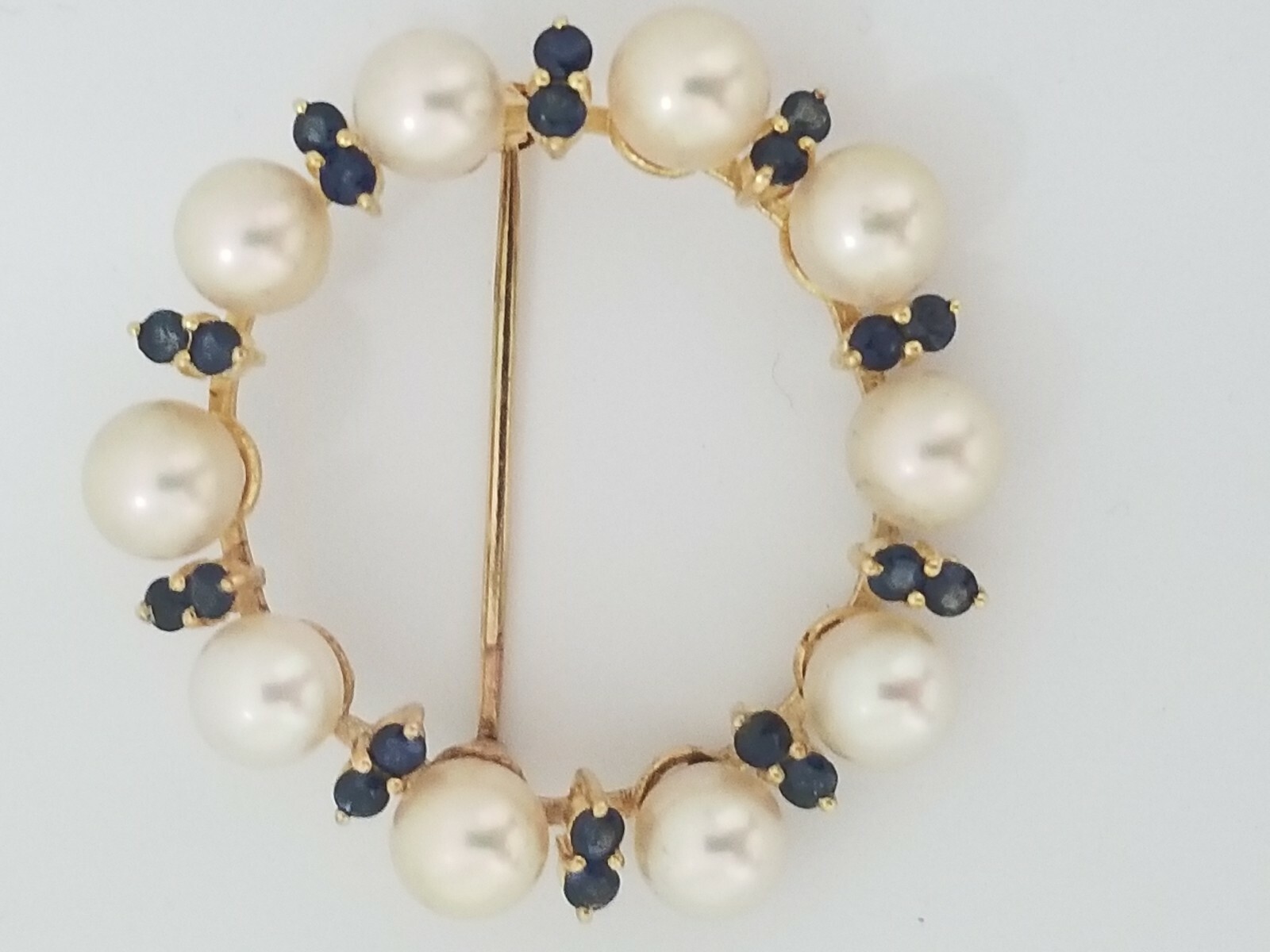 Vintage Antique 14k Yellow Gold Pearl And Blue Sapphire Brooch Pin 39 mm Round