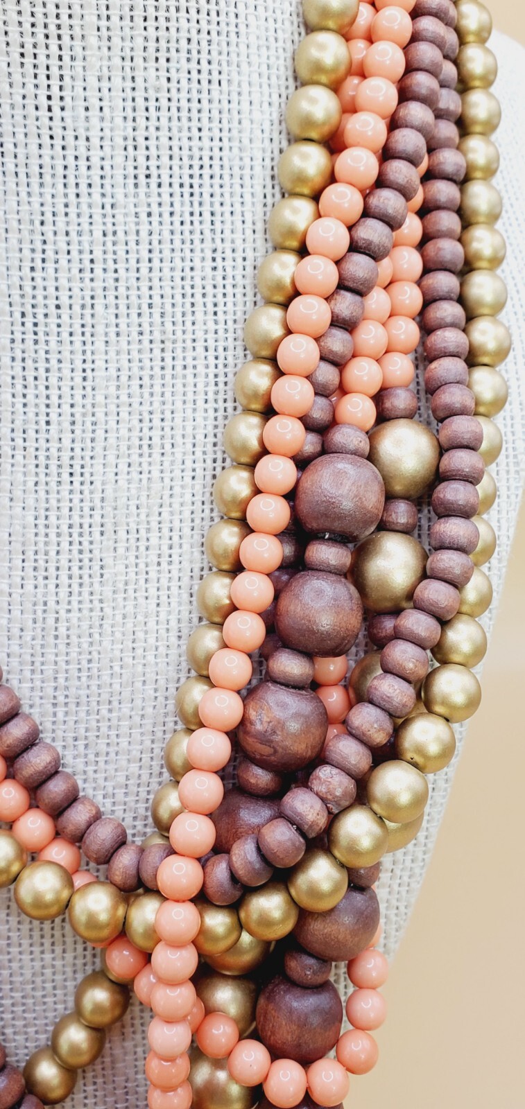 VTG Multi Strand Peach, Brown and Gold Wood and Plastic Beaded Necklace 17″ woo1