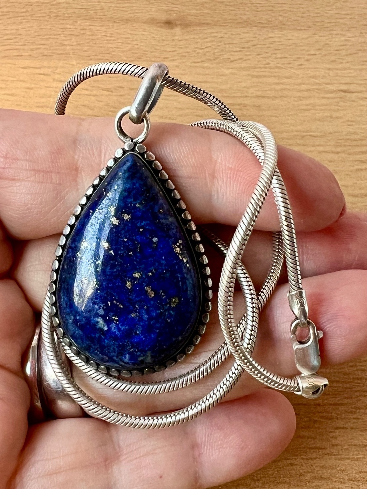 VINTAGE LARGE LAPIS LAZULI PENDANT THICK SNAKE CHAIN NECKLACE 925 STERLING SLVER