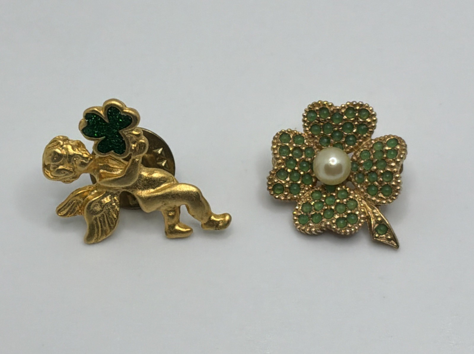 Vintage Clover St Patricks Day Pins Leprechaun Gold Tone Enamel Faux Pearl Lot 6