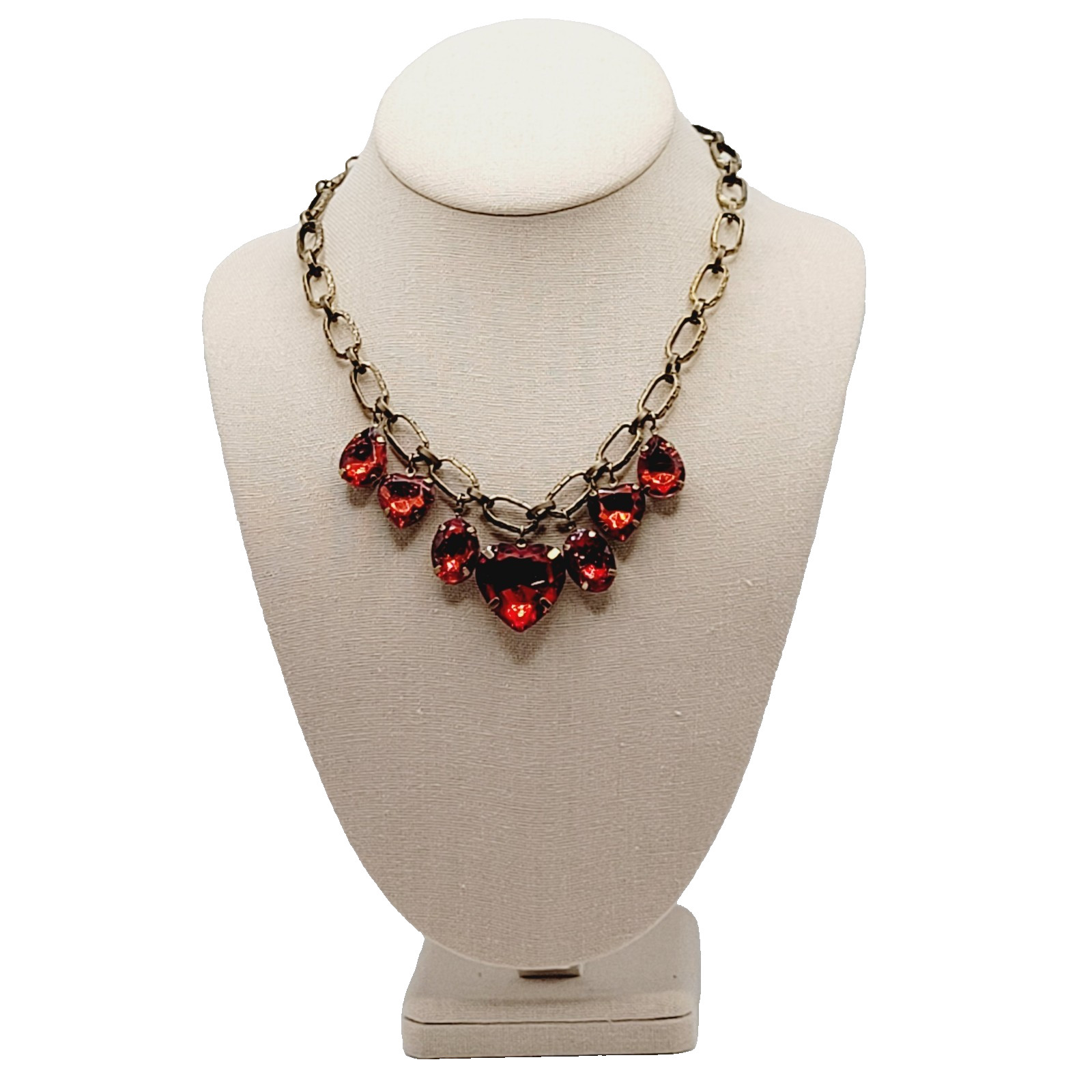 Red Acrylic Gem Statement Red Heart Brass Tone Large Link Vintage Necklace 17 In