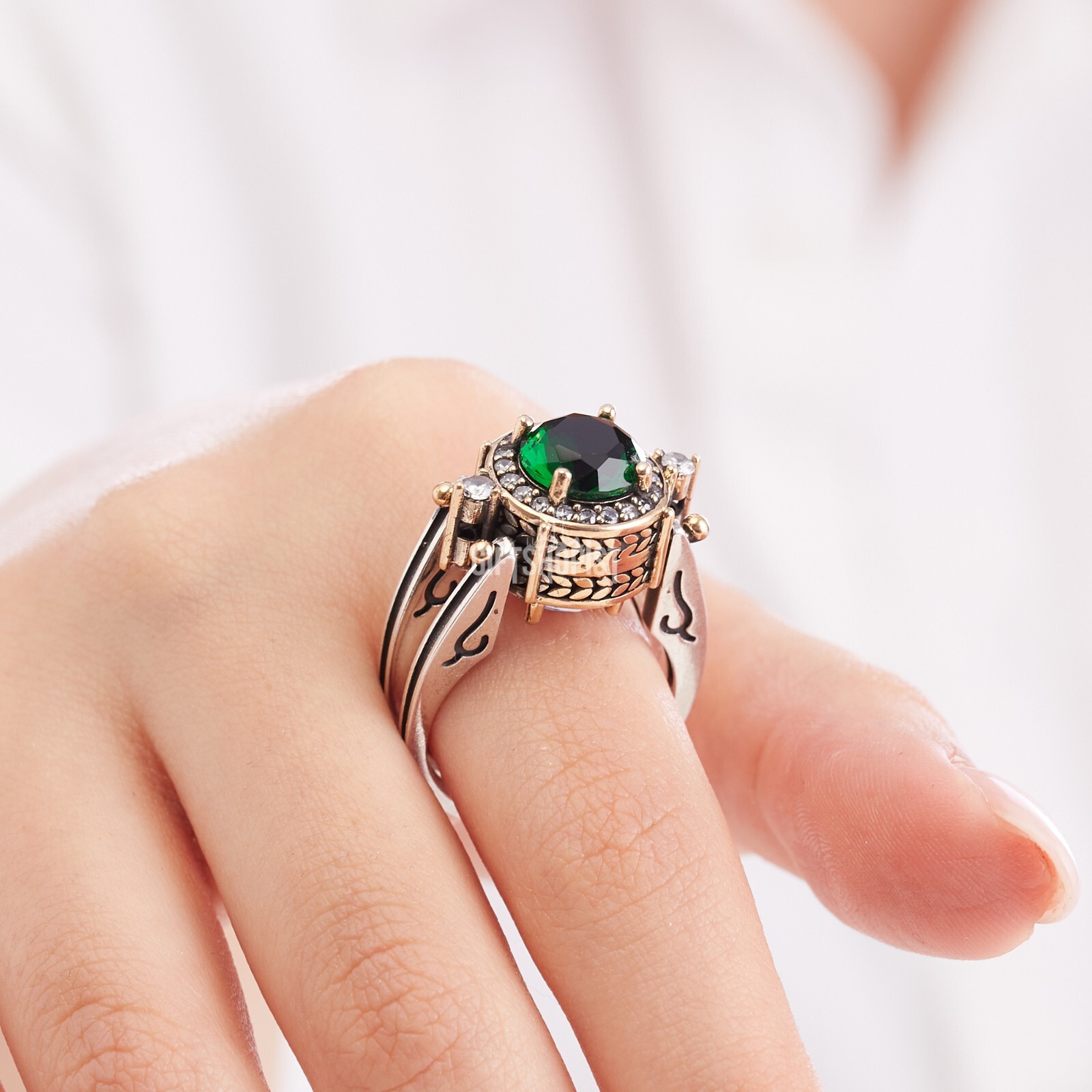 Turkish Reversible Round Emerald and Black Onyx Topaz 925 Sterling Silver Ring