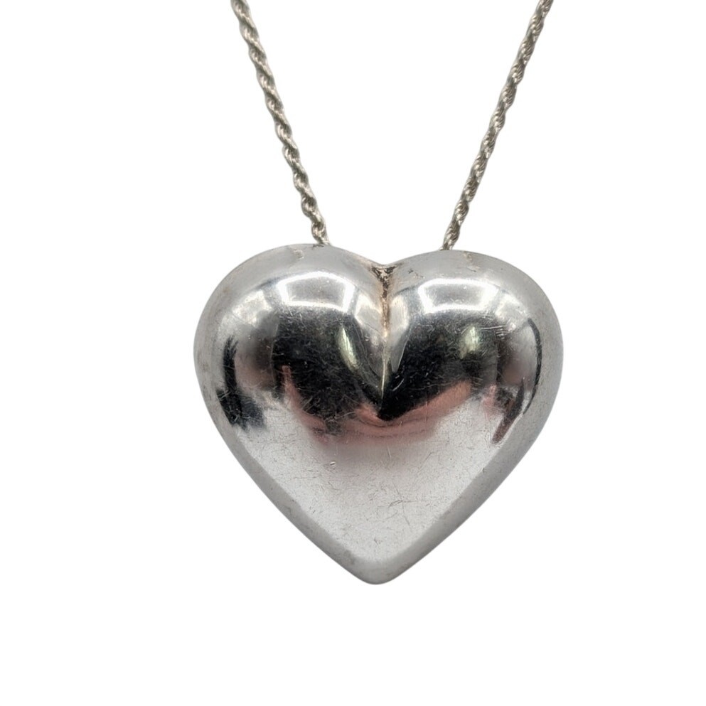 Vintage 925 Italy Sterling Silver Puff Heart Pendant Chain 20″ Necklace