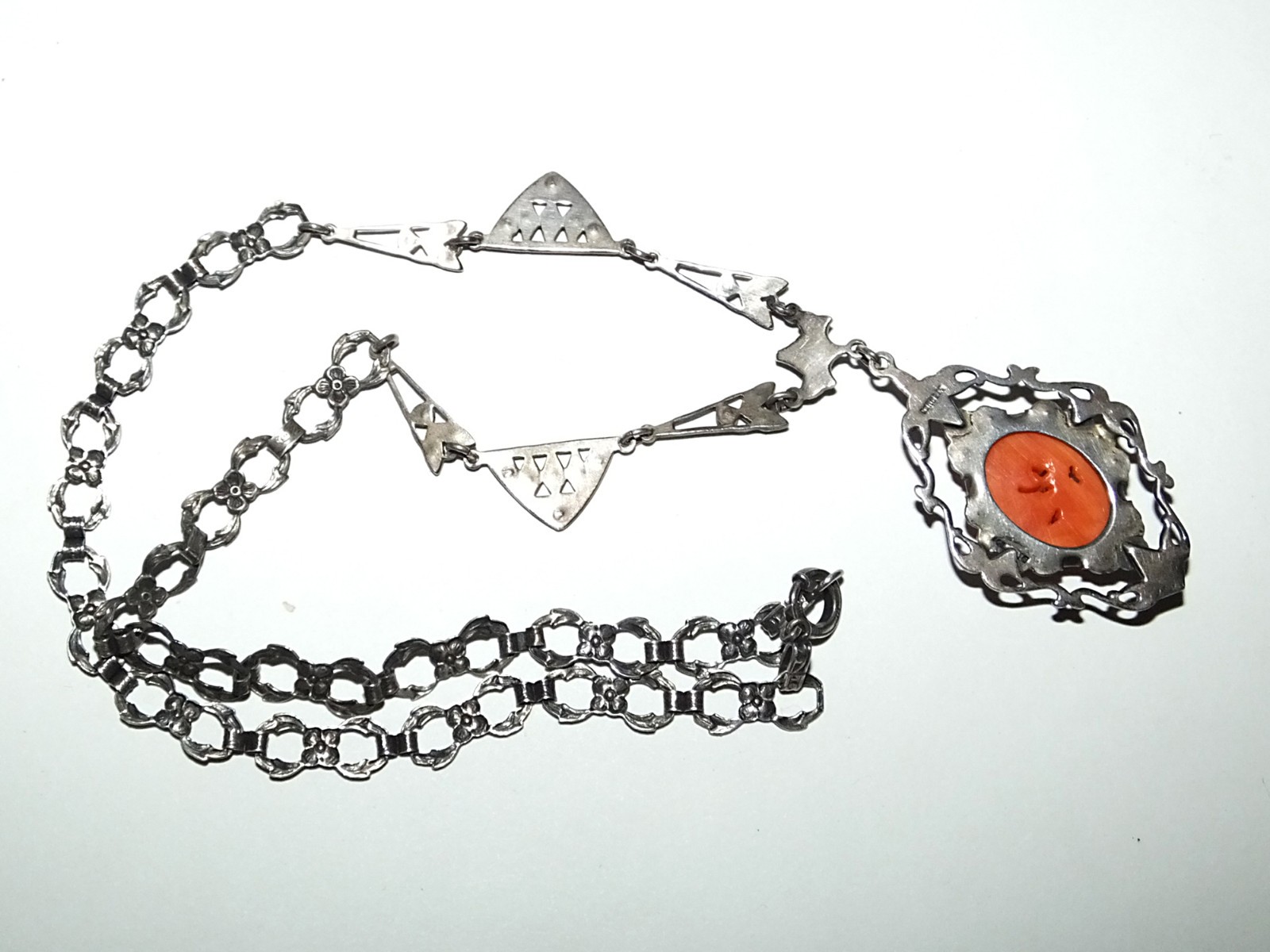 Antique Edwardian Art Deco Floral Carved Faux Coral Marcasite Sterling Necklace