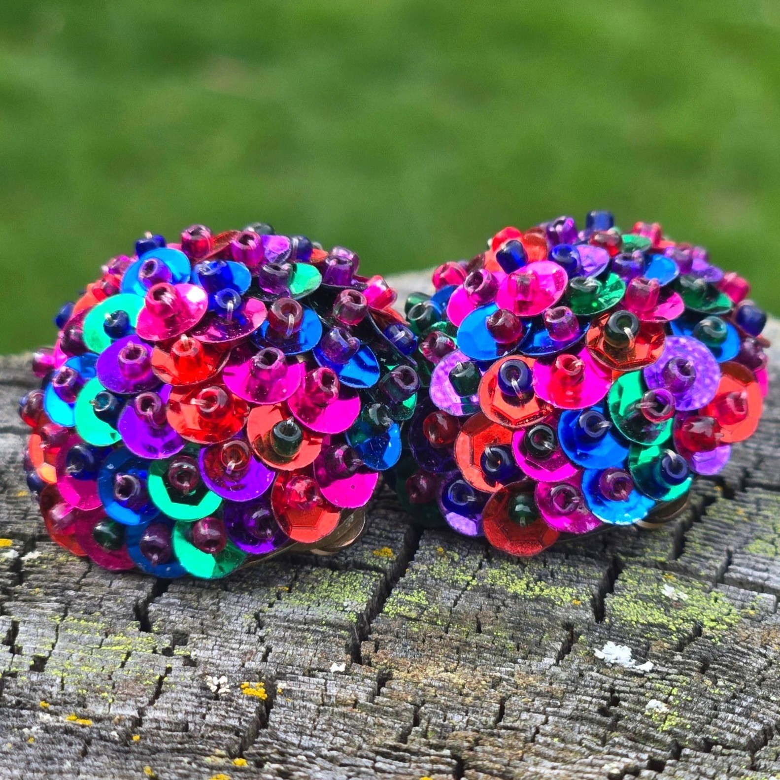 Vintage 1980s Sequin Clip On Earrings Multi Colored Large Bold Bright iridescent