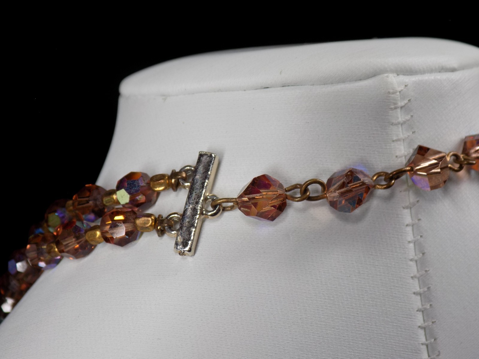 Vintage Crystal Necklace Golden Smoky AB Aurora Borealis Beads 2 Rows 16″ +1.5″