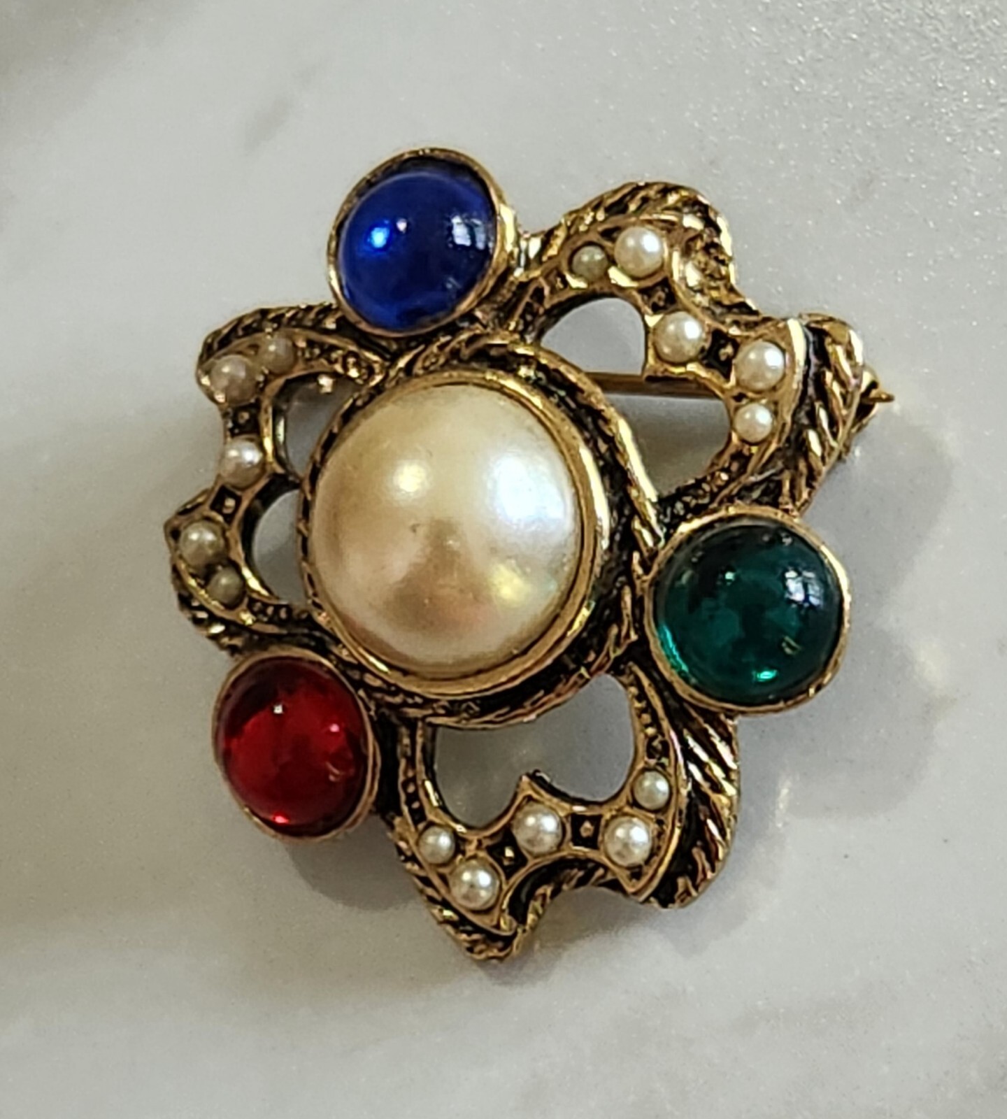 Vintage Faux Cabochon Pearl, Emerald, Ruby, & Sapphire Gold Tone Brooch