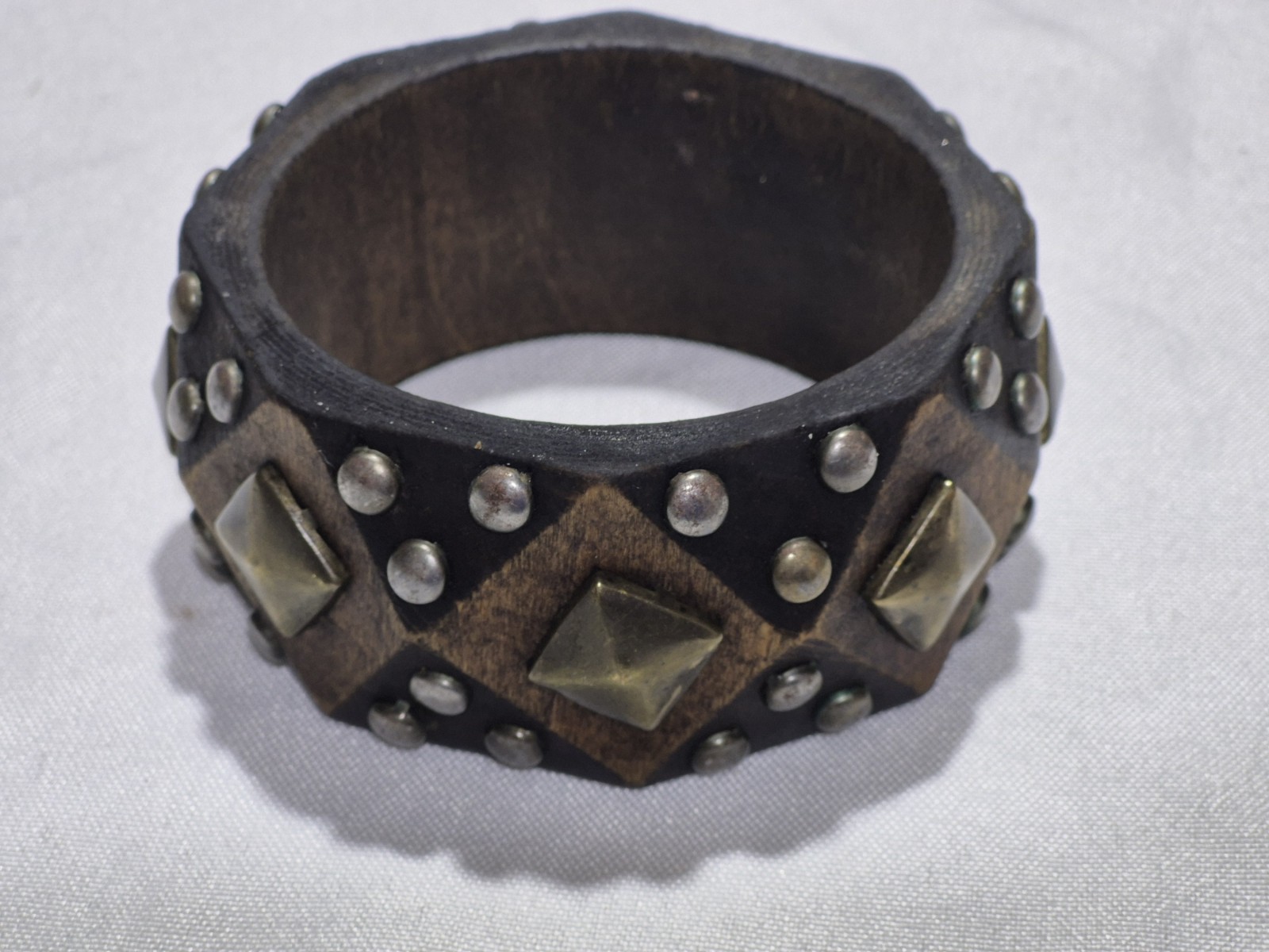 Vintage Brown Wooden Bangle with Gold Tone squares And Silver Studs Bracelet