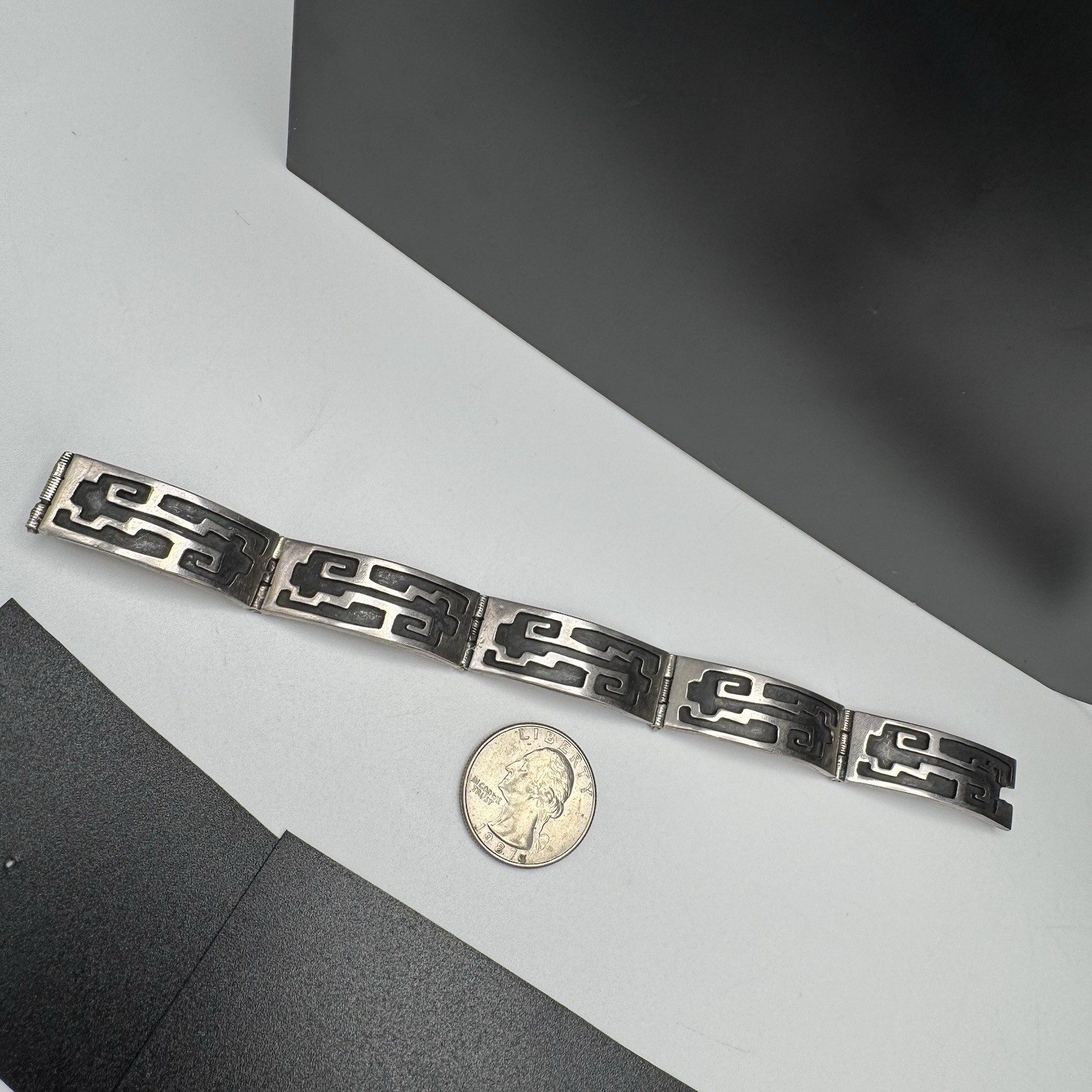 Vtg Mexican Sterling Silver Panel Bracelet Geometric Design IF-09 MEX925 32.9g