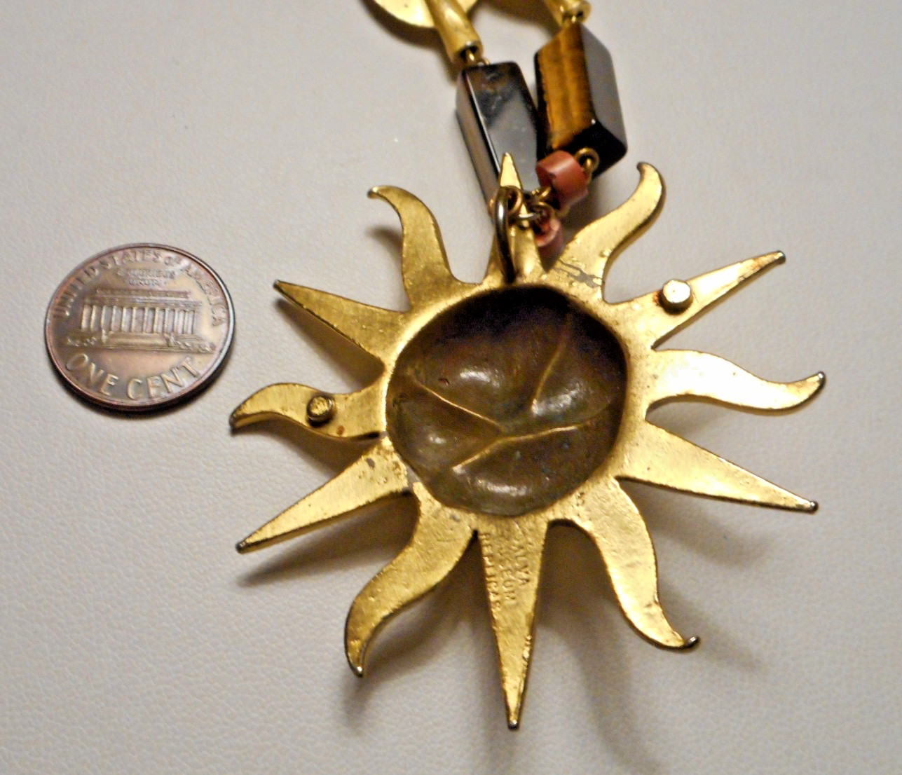 1970s Alva Museum Replicas Tiger’s Eye Stone Bead Necklace w Smiling Sun Pendant