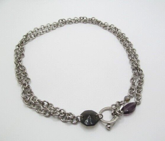 Silver Tone Double Chain Rolo Link Purple Beaded Front Toggle Necklace 19.75 In