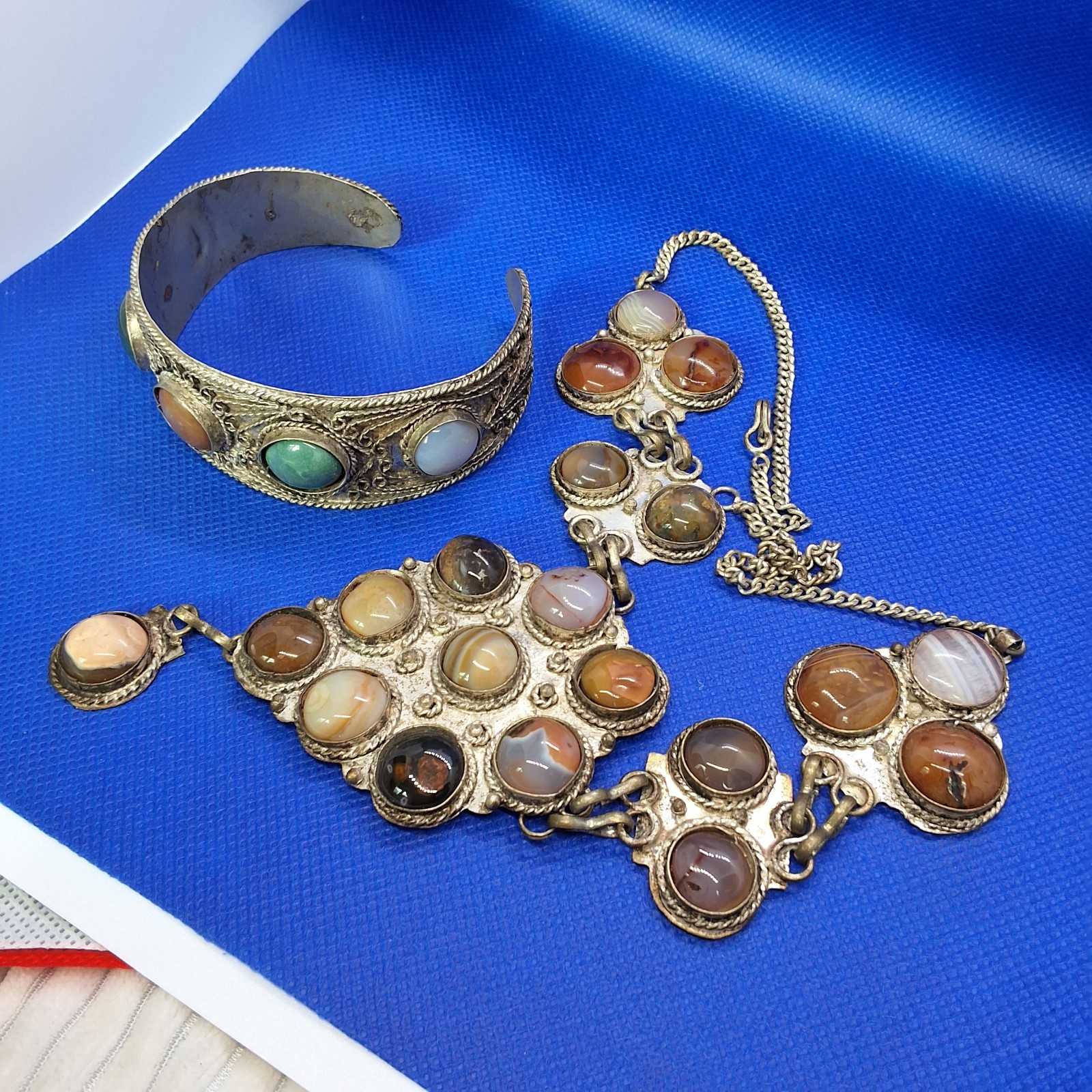 Vintage Tibetan Silver Metal Agate Glass Statement Necklace, Bracelet and Pin