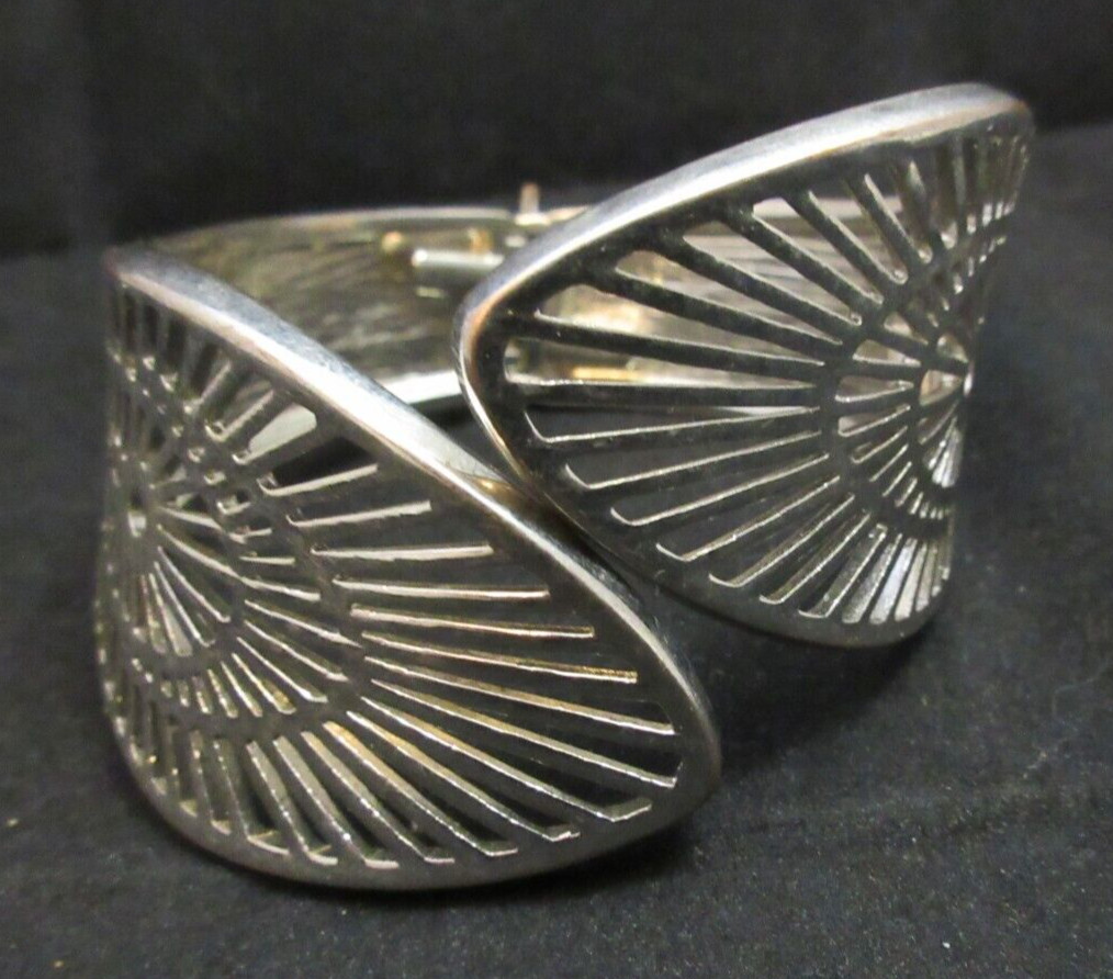Wide Vintage Hinged Open Work Clamper Cuff Bracelet Silver Tone Wrap Around Look