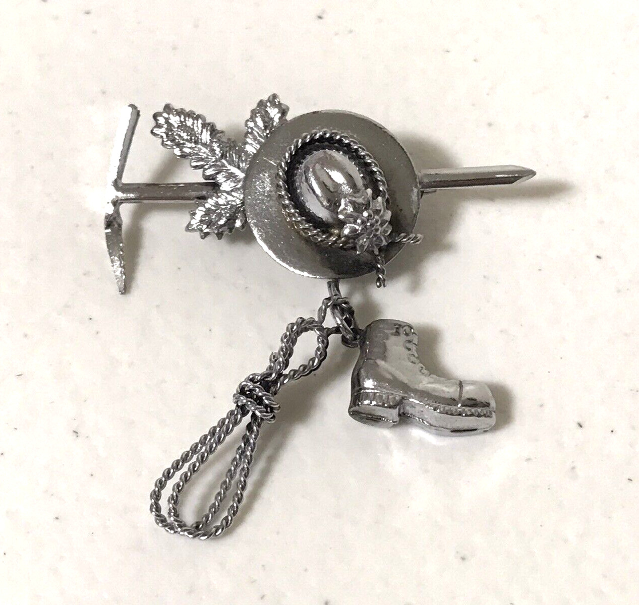 Vintage Silver Tone Gardening Hat Boot Tools Charms Dangles Brooch Pin Estate
